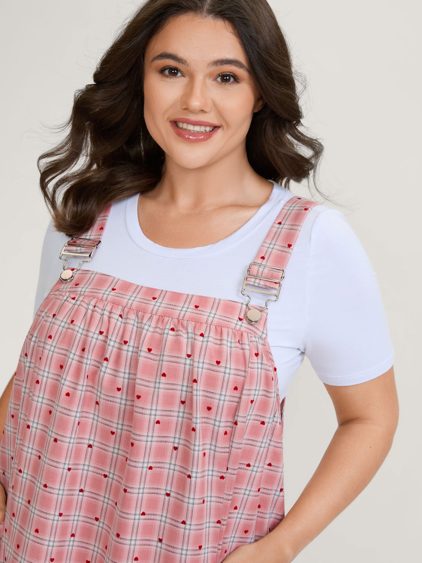 Gingham Overall Adjustable Pockets Midi Dress