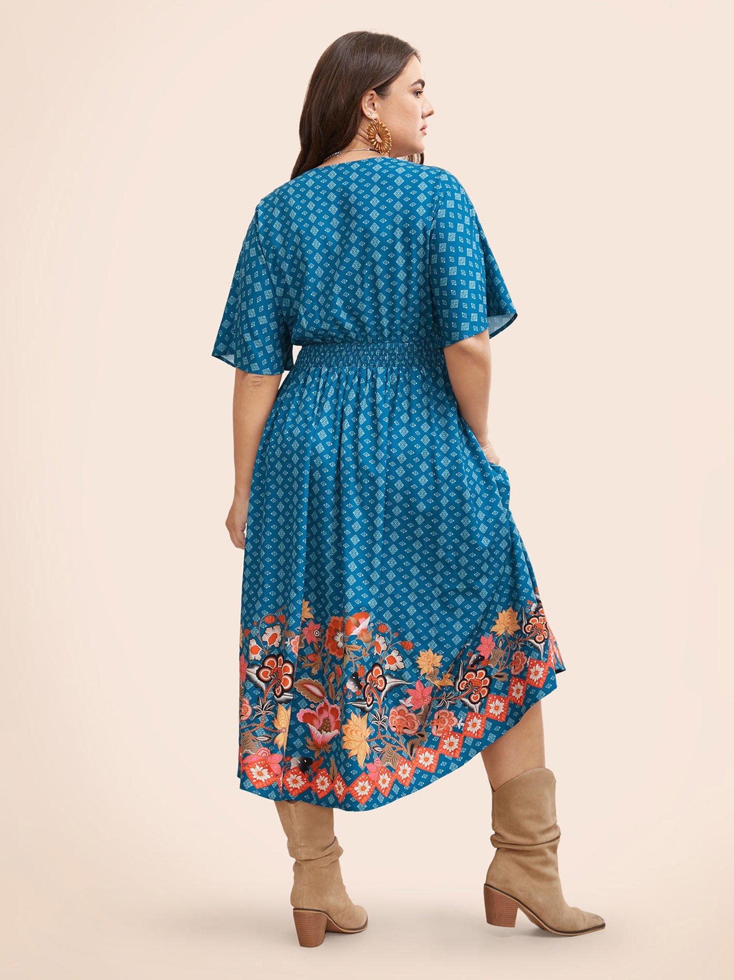 Boho Print Shirred Pleated Dolman Sleeve Dress