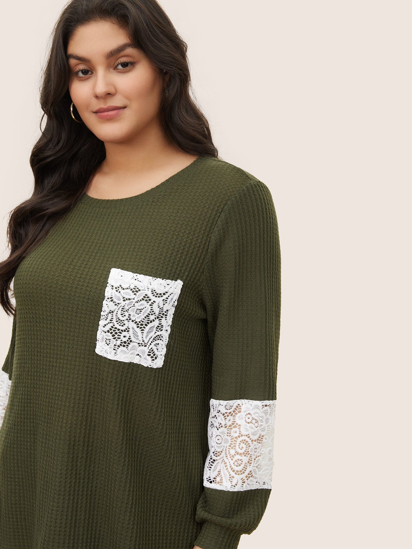 Waffle Knit Contrast Lace Patchwork T-shirt