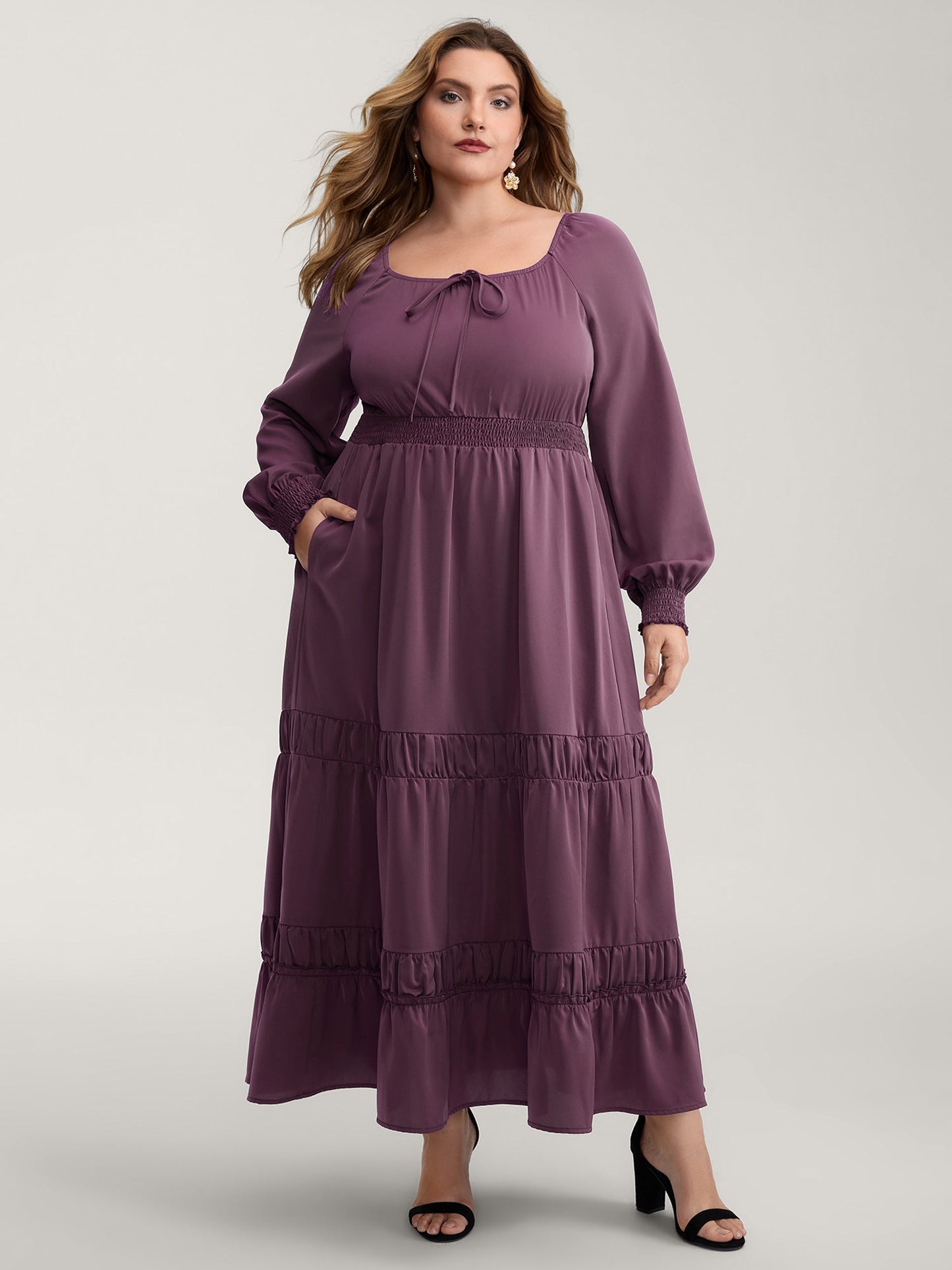 Lotus Leaf Shirred Waist Pockets Maxi Dress