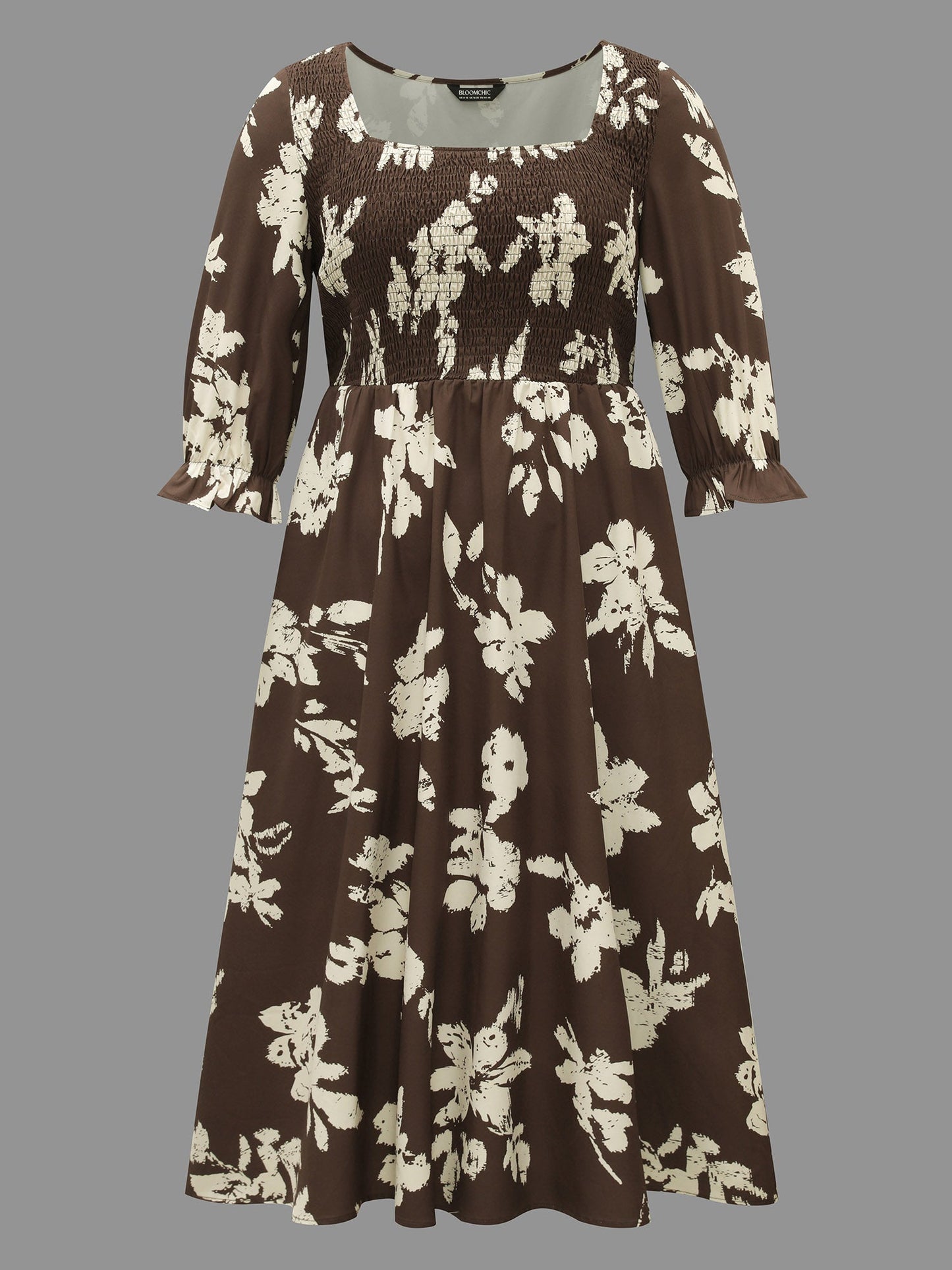 Leaf Print Square Neck Ruffled Shirred Midi Dress