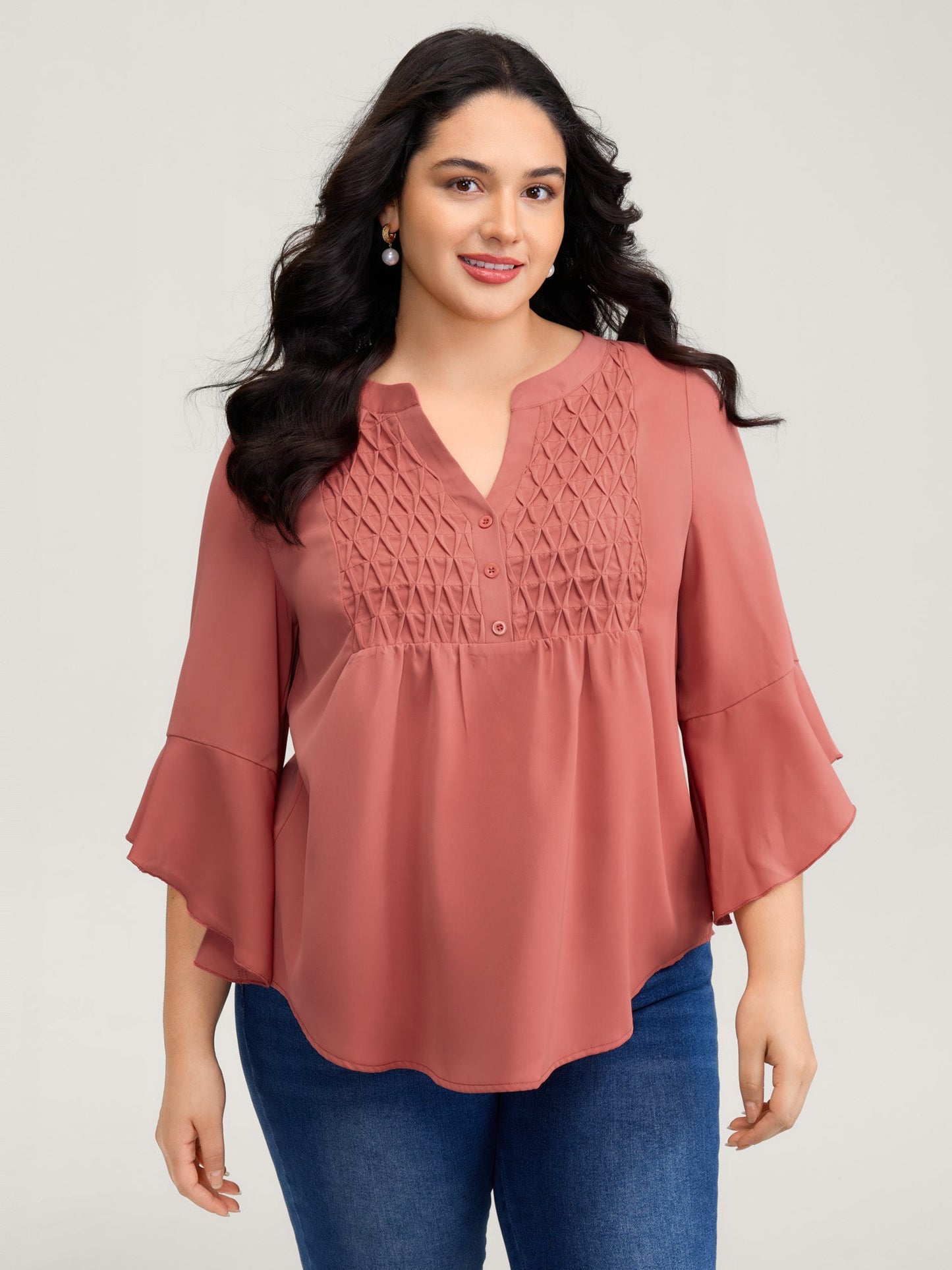 Textured Ruffled Sleeve Flowy Blouse