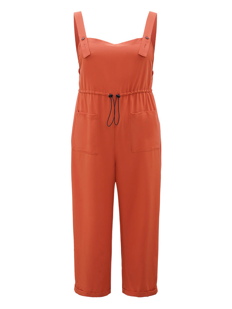 Plain Button Up Pocket Roll Hem Drawstring Jumpsuit