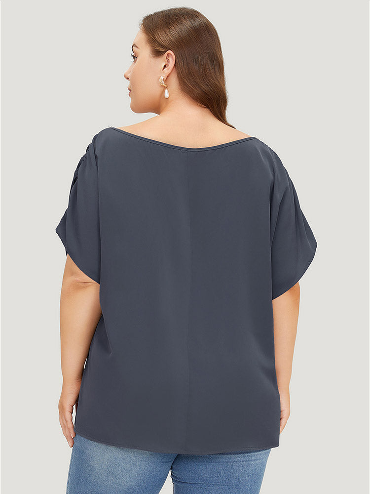 Solid Pearl Beaded Ruched Sleeve Blouse