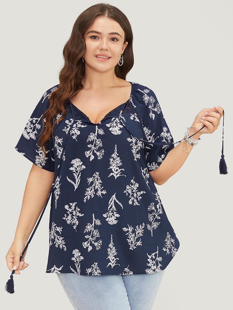 Floral Tassels Tie Neck Contrast Lace Blouse