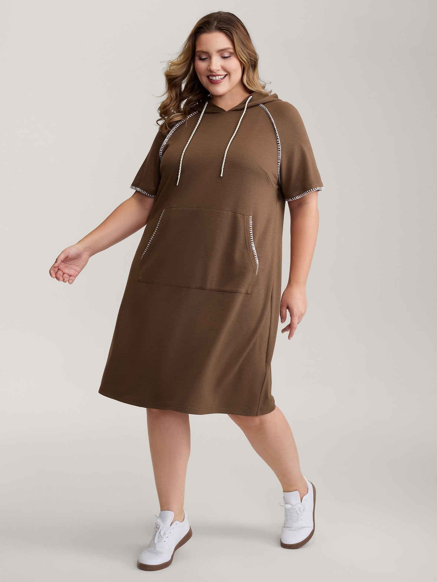 Kangaroo Pockets Contrast Edges Hoodie Knit Dress