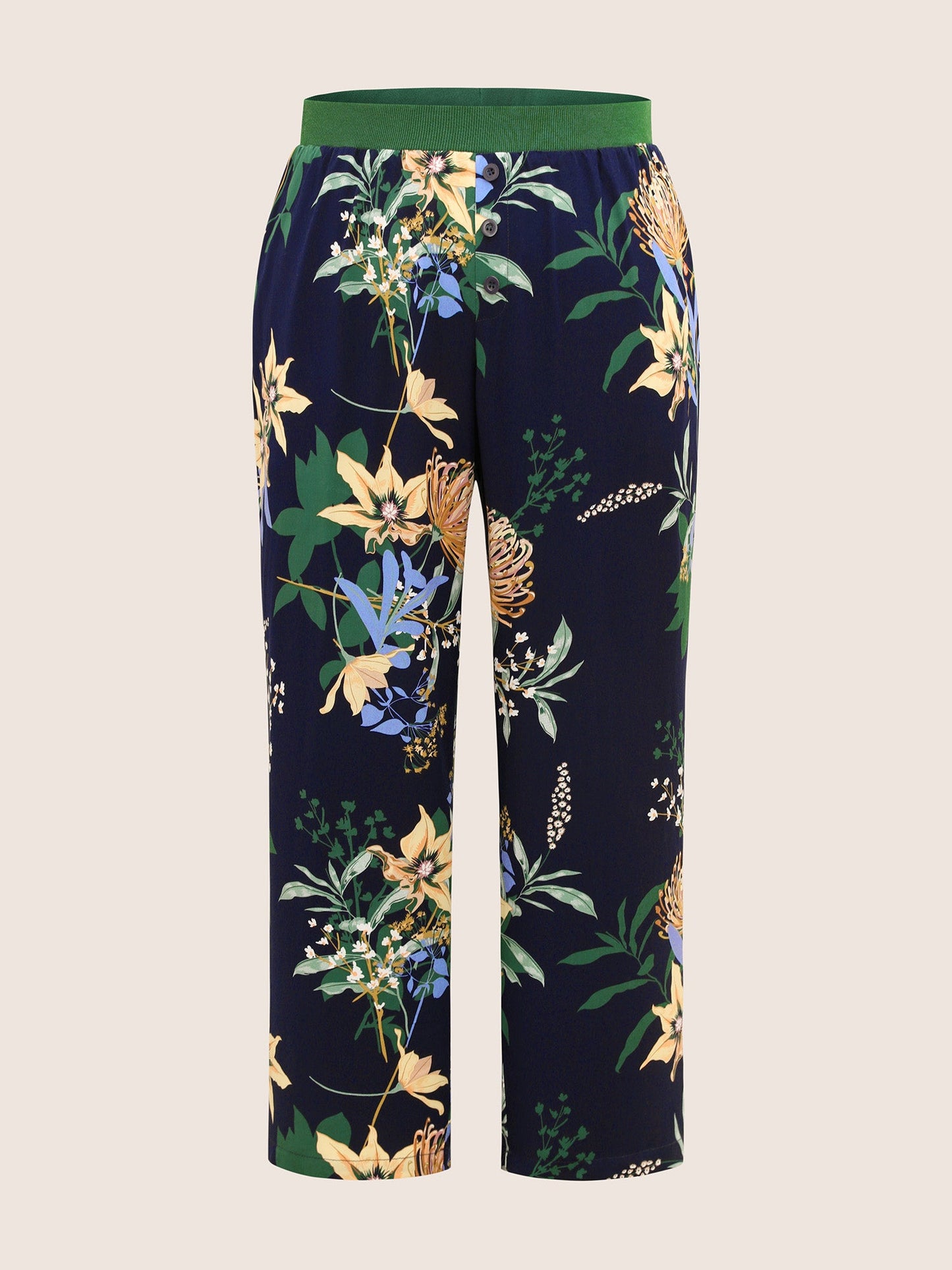 Natural Flowers Contrast Pocket Rib Knit Sleep Bottoms