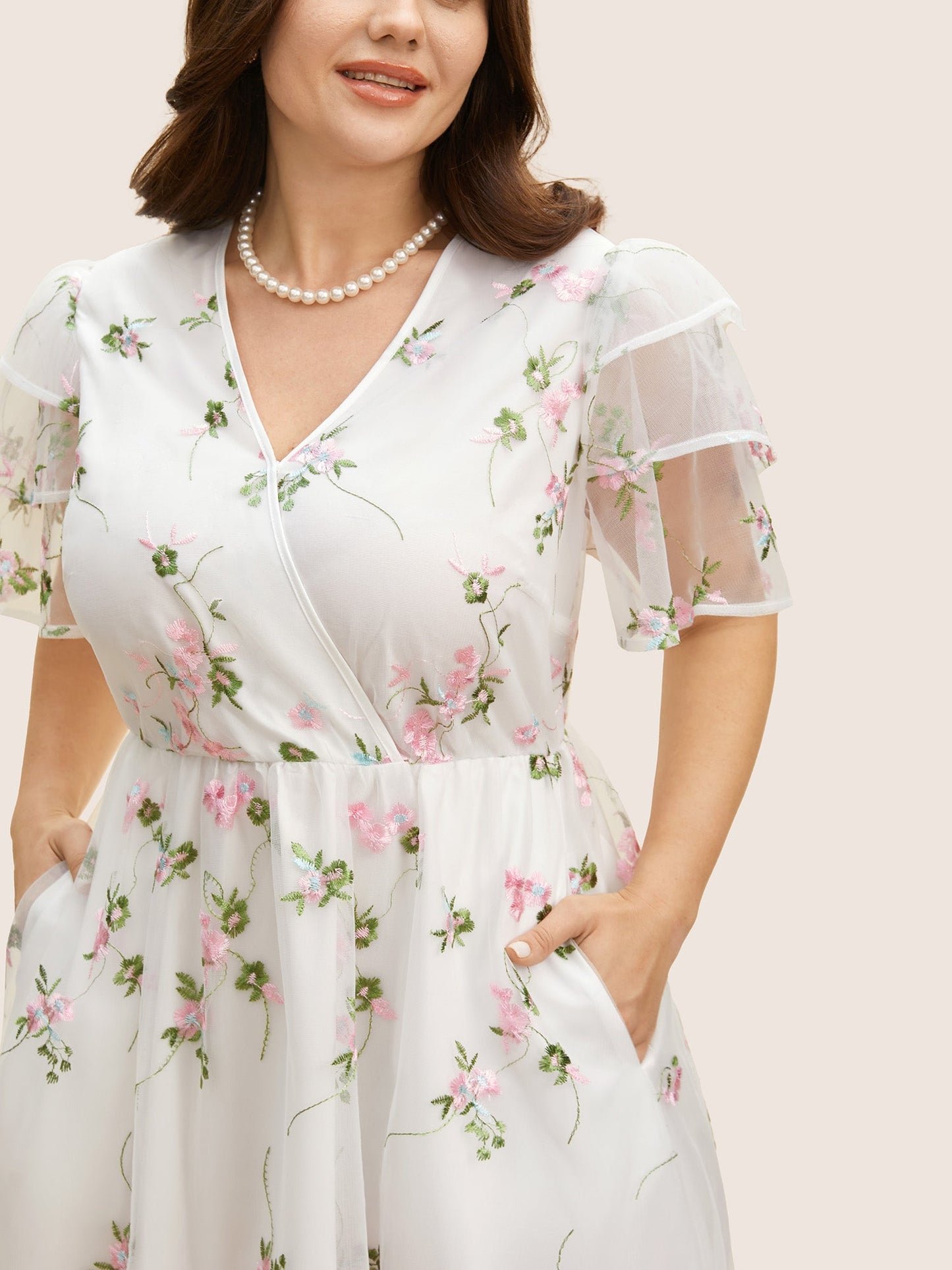 Overlap Collar Mesh Floral Embroidered Tiered Ruffles Dress