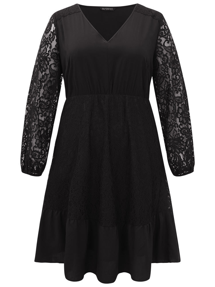 Lace Panel Mesh Flutter Hem Dress