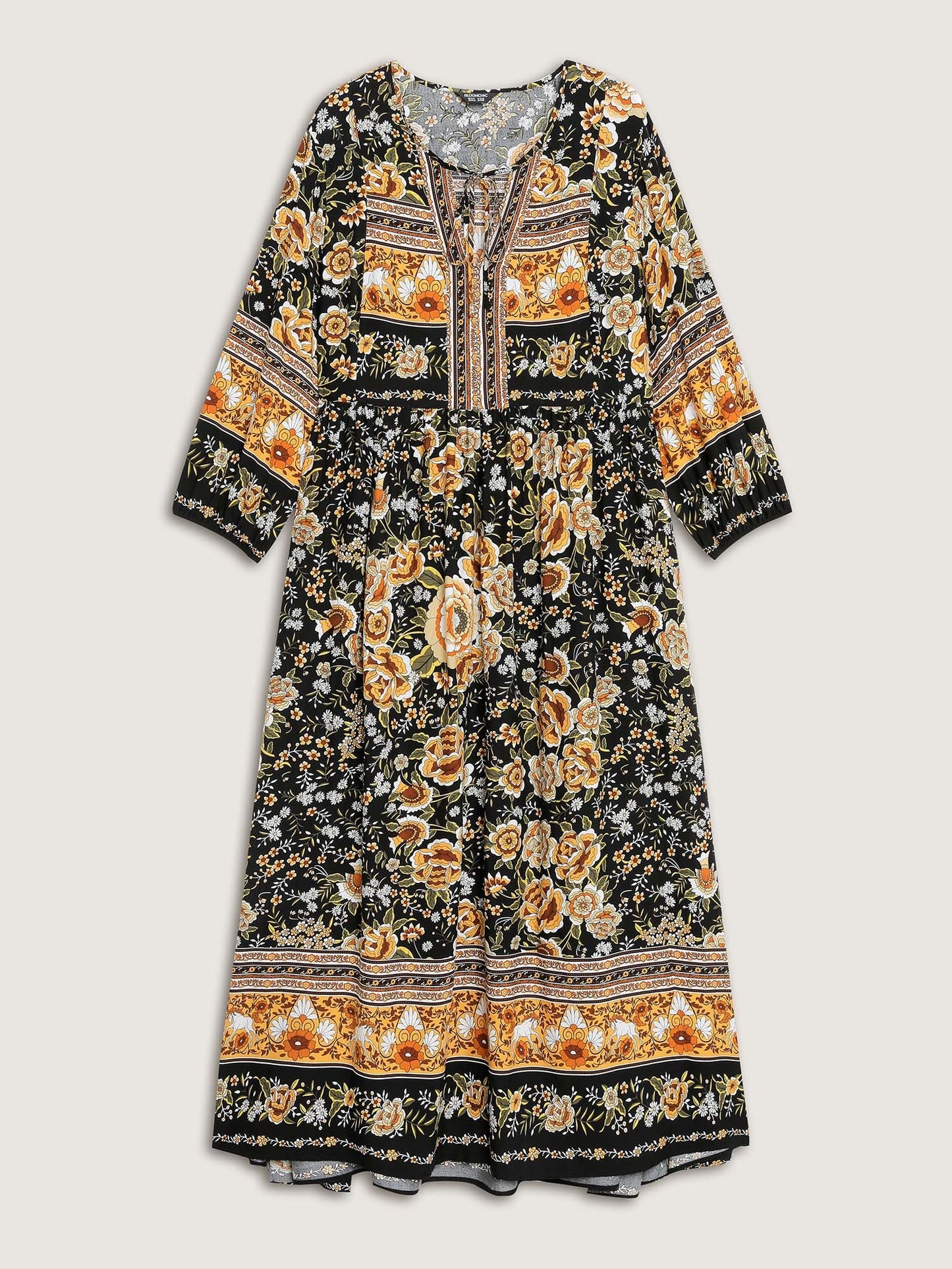 Floral Print Contrast Puffy Sleeve Maxi Dress