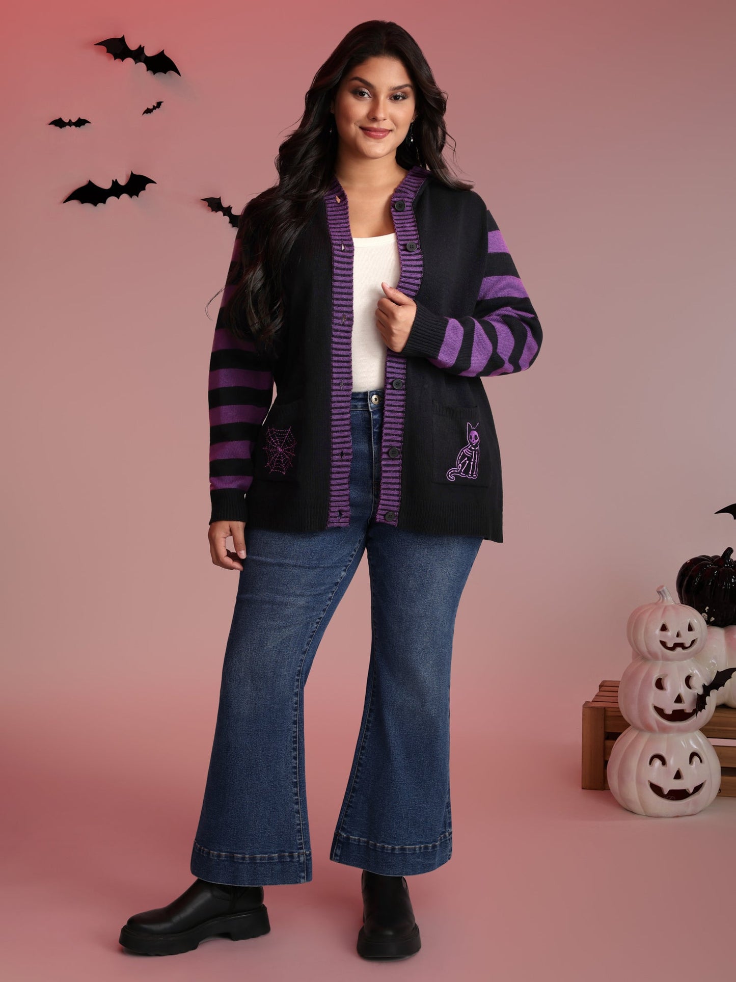 Stripes Sleeve Contrast Hooded Cardigan