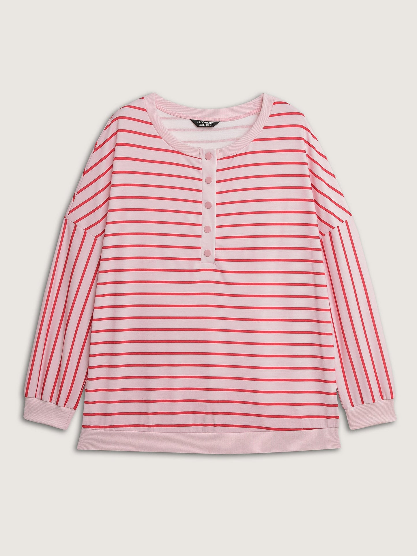 Stripe Snap Button Round Neck Sweatshirt