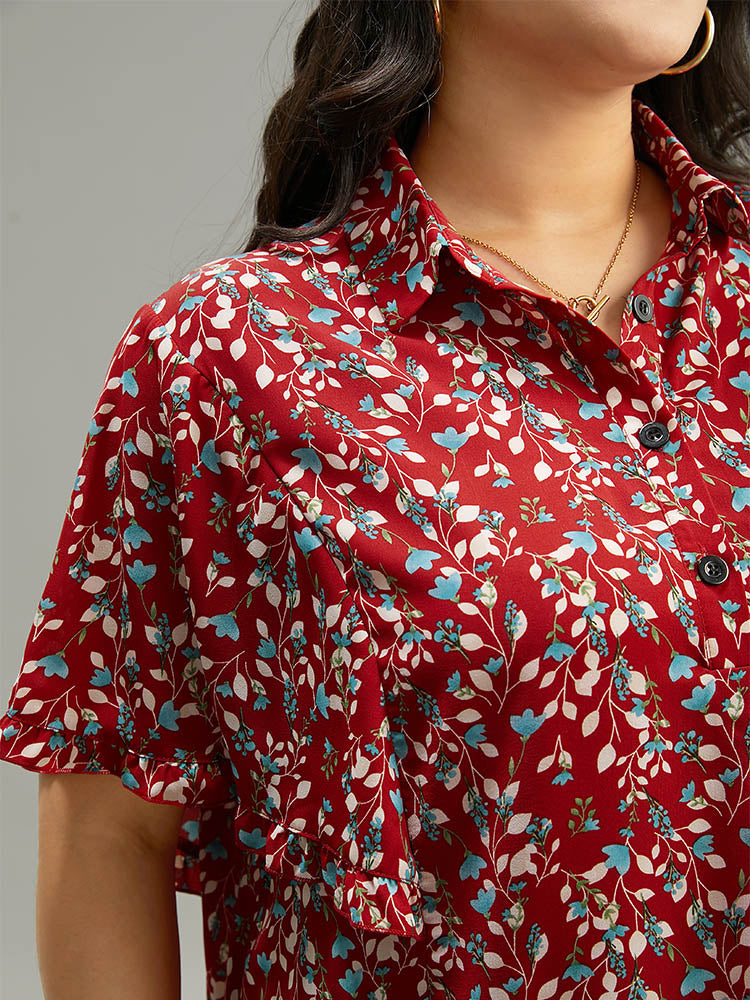 Ditsy Floral Shirt Collar Button Through Ruffle Sleeve Blouse