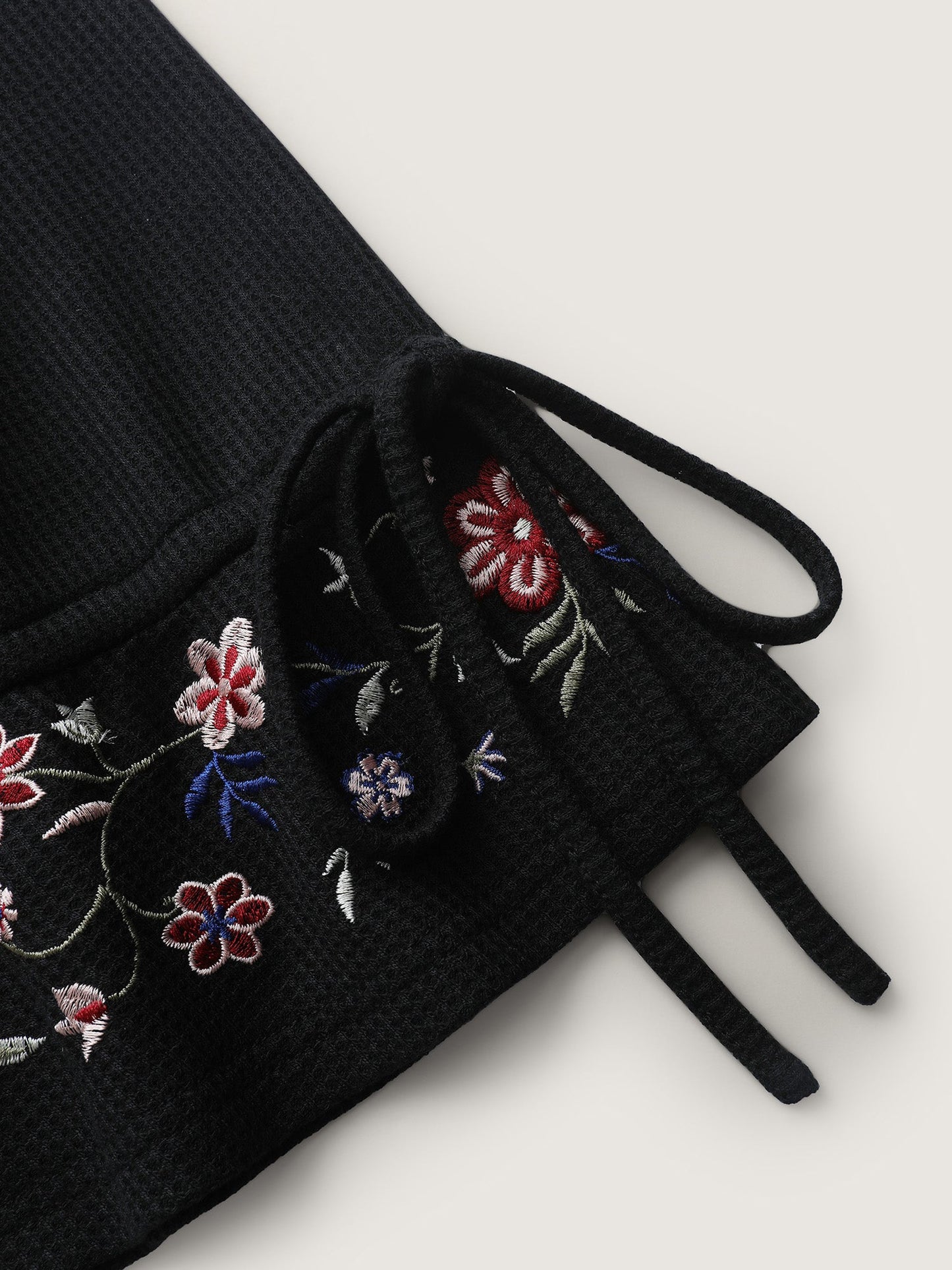 Floral Sleeve Embroidery Drawstring Knit Top