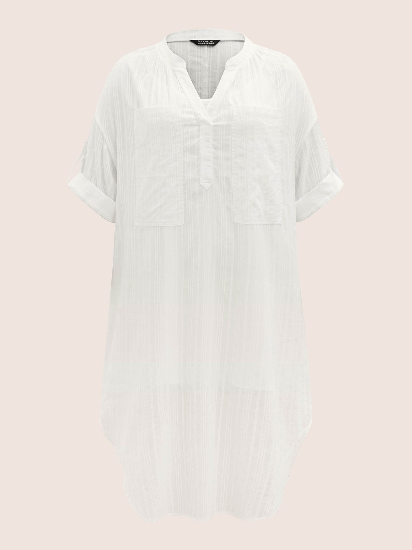 Notched Mesh Patched Pocket Button Cuff Sleeve Dress