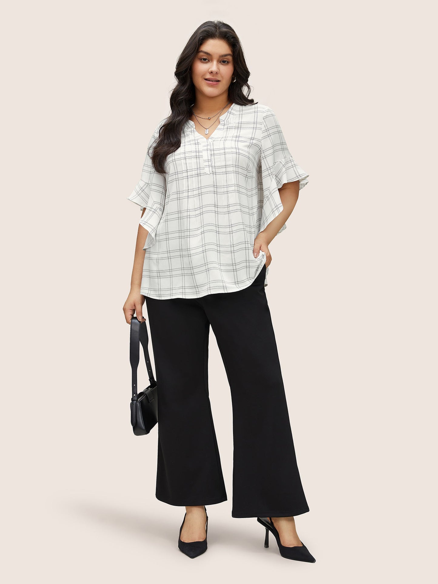 Plaid Notched Patchwork Ruffle Sleeve Blouse