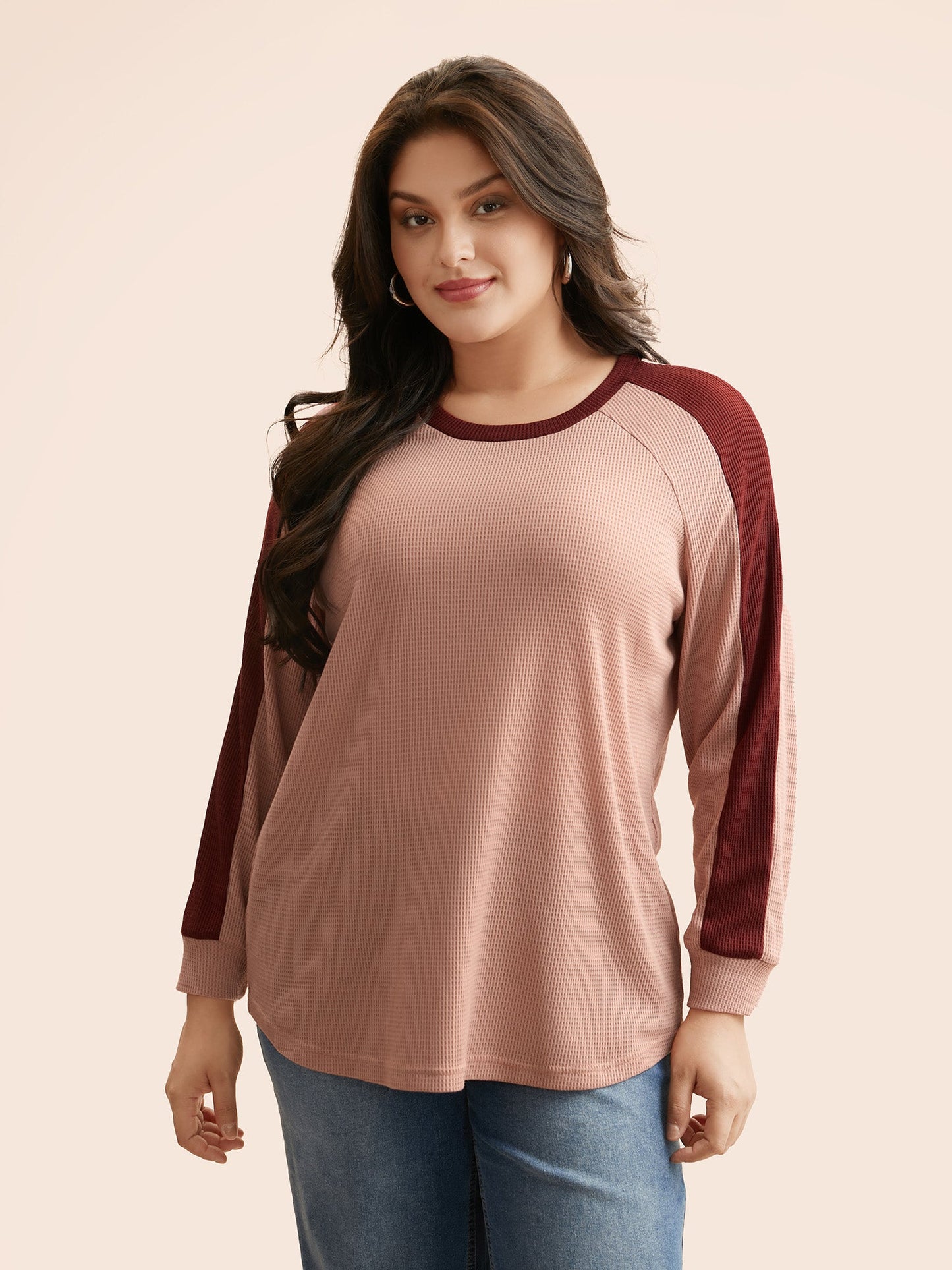 Waffle Knit Contrast Patchwork T-shirt