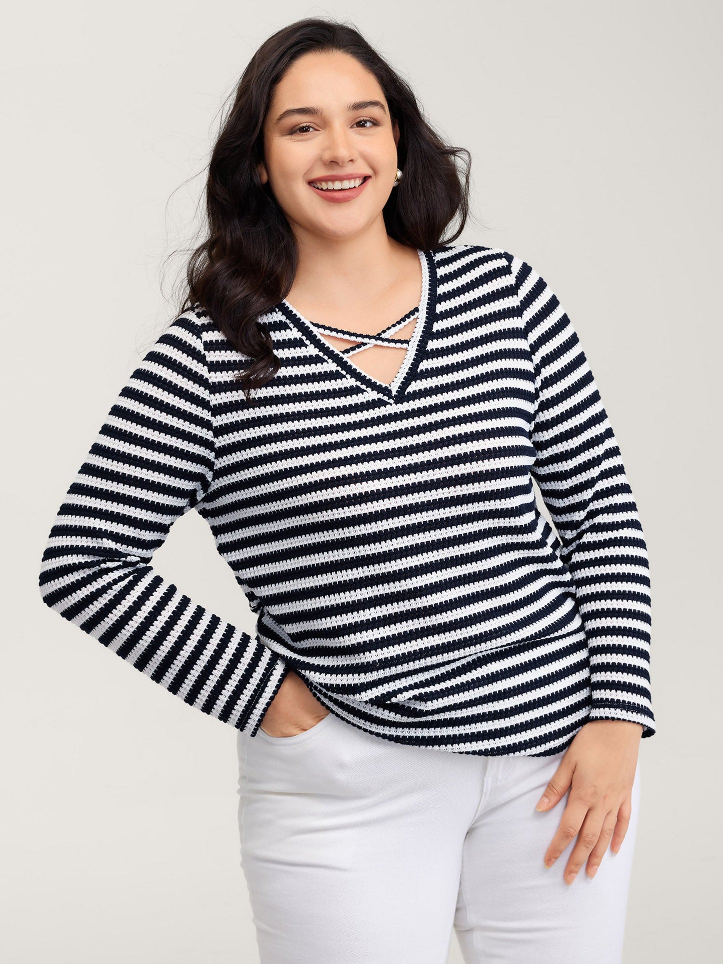 Stripe Stretchy Print V-Neck T-Shirt
