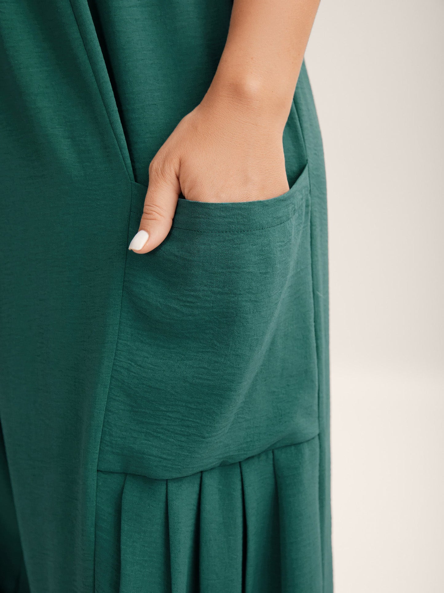 Shirred Ruffles Pockets Plain Jumpsuit