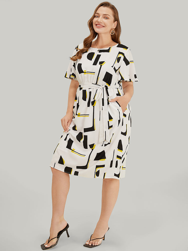 Geometric Print Pocket Belt Flutter Sleeve Dress