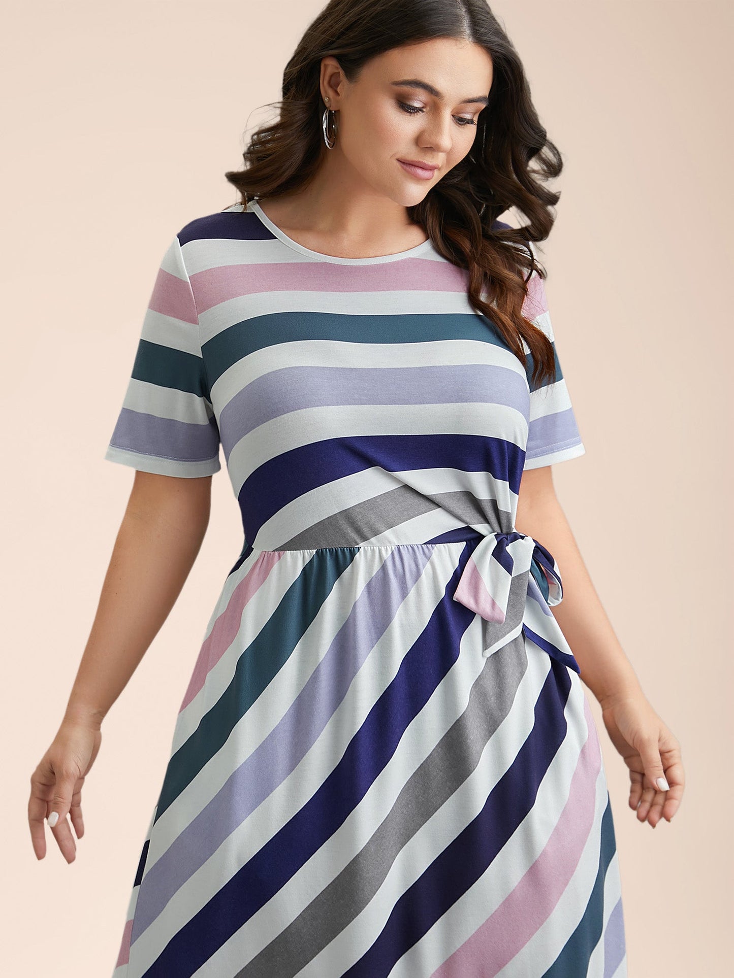 Striped Waist-Tie Half Sleeve Midi Dress