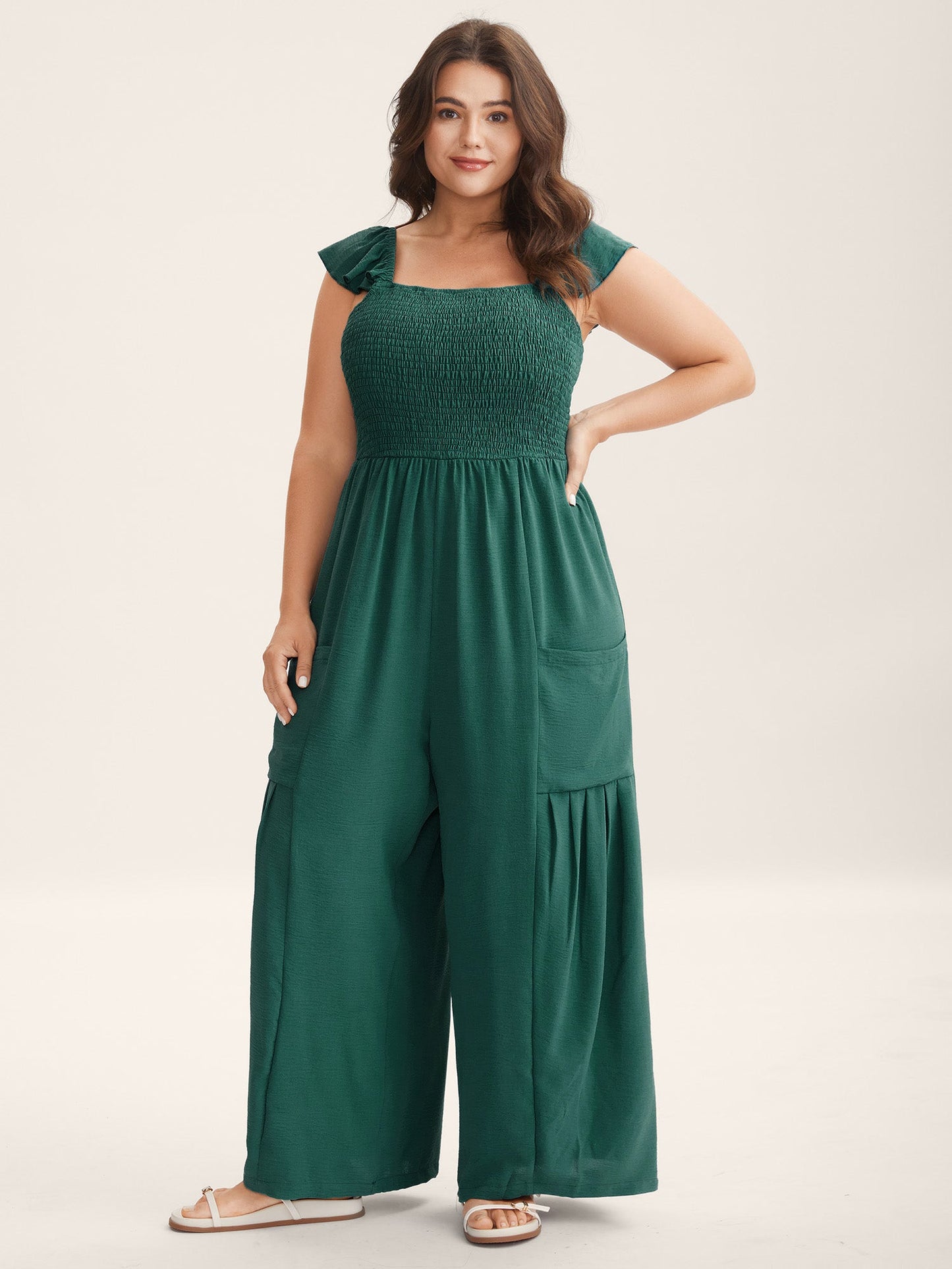 Shirred Ruffles Pockets Plain Jumpsuit
