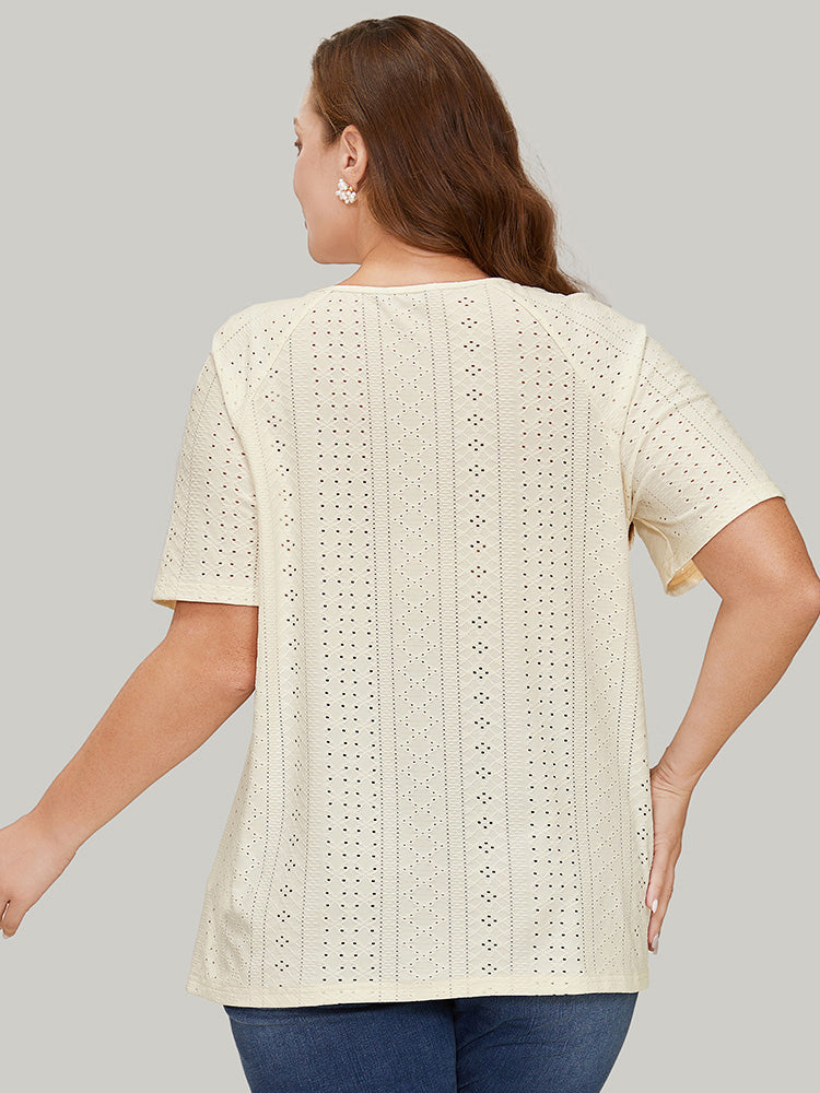 Solid Half Zipper Broderie Anglaise T-shirt