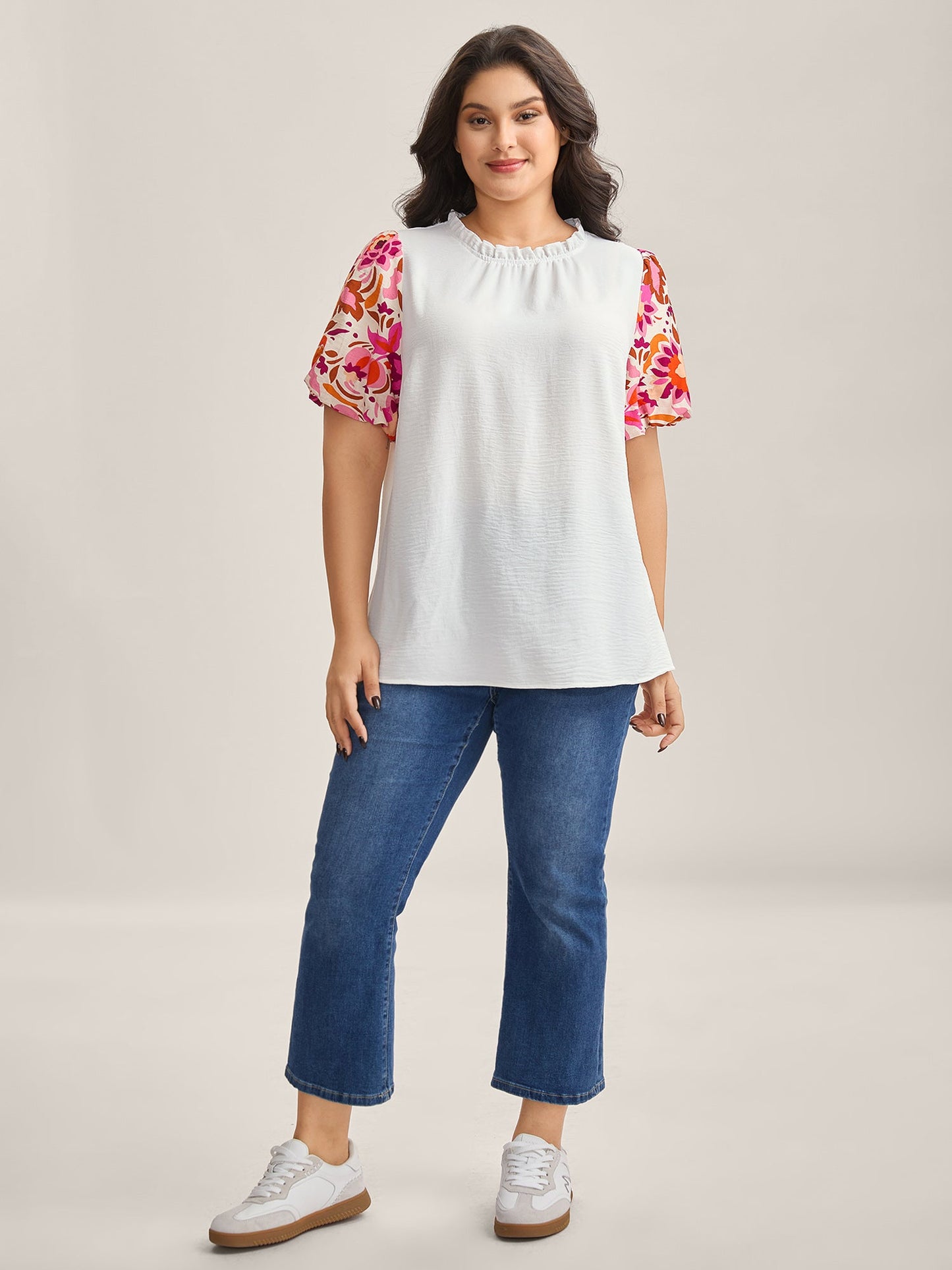 Floral Bubble Sleeve High-Neck Blouse