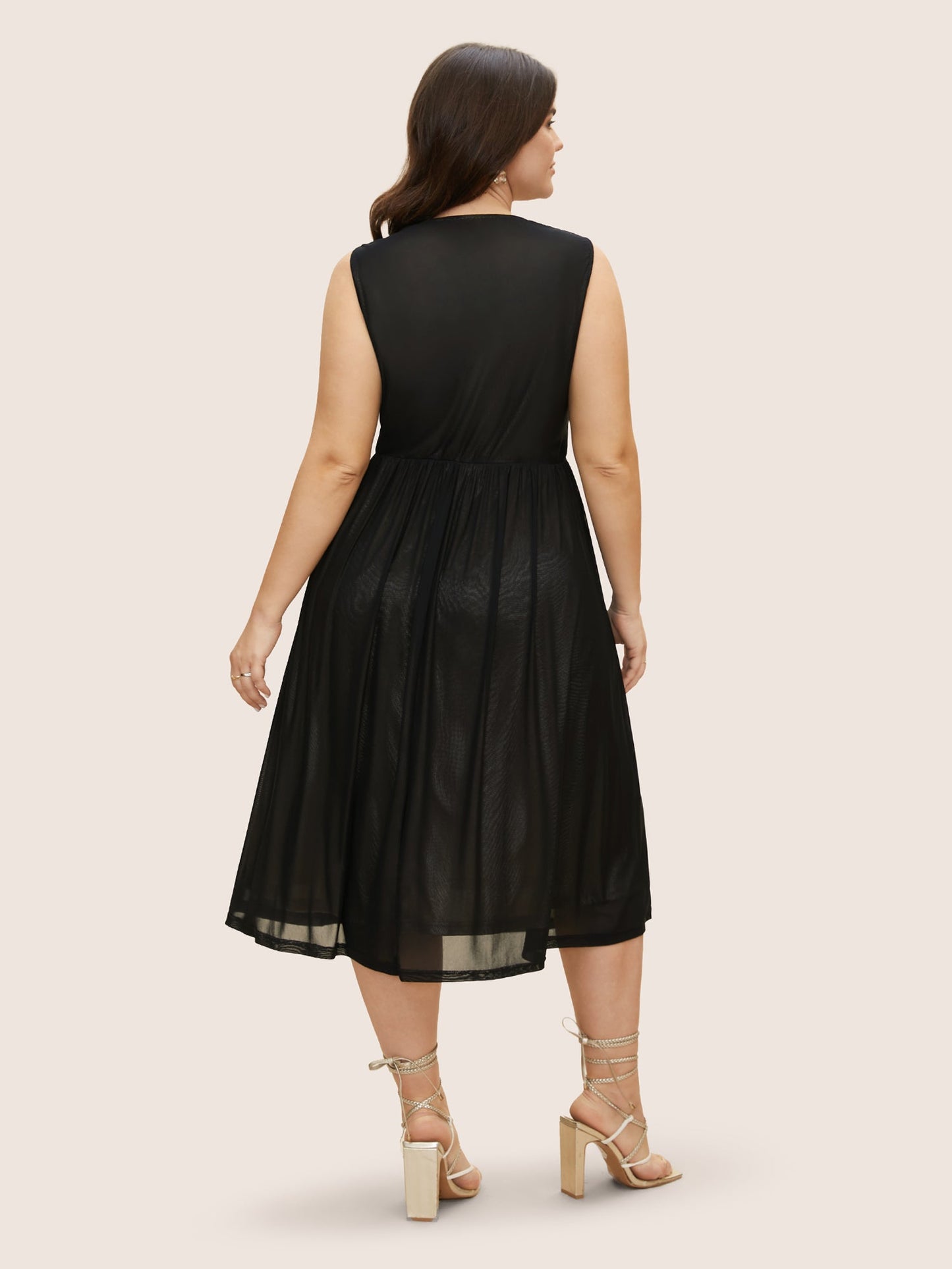 Solid Mesh Ruched Midi Tank Dress