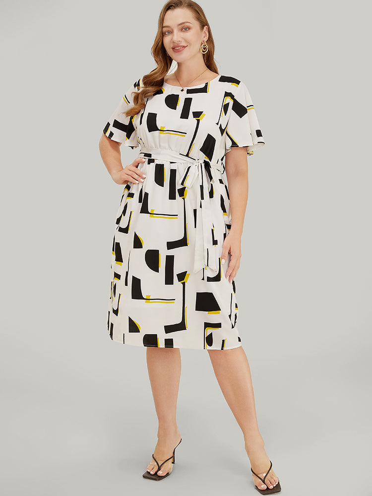 Geometric Print Pocket Belt Flutter Sleeve Dress