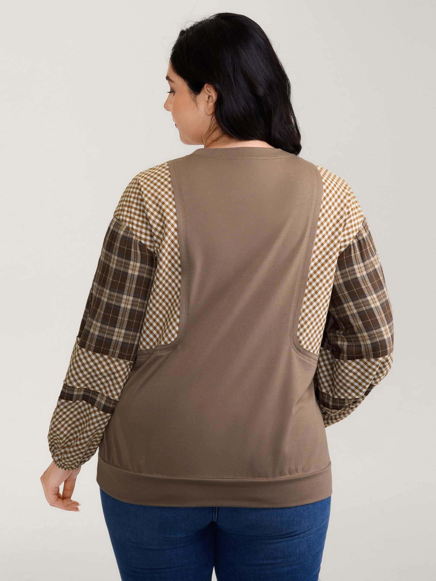Plaid Contrast Sleeve Stretchy Hem Sweatshirt