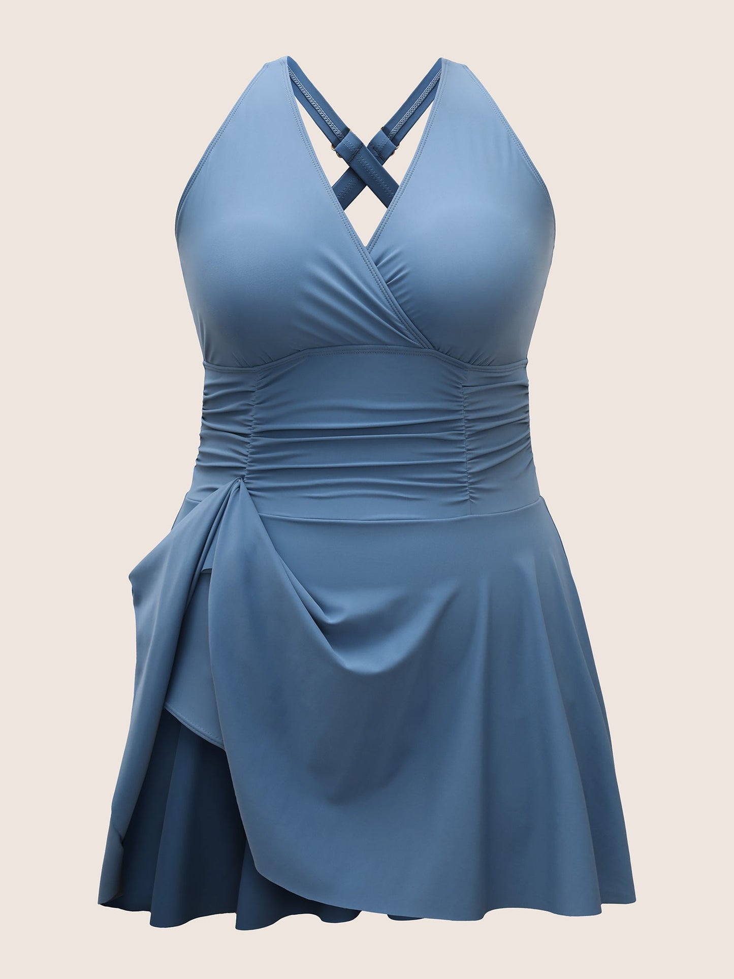 Plain Overlap Collar Ruched Swim Dress