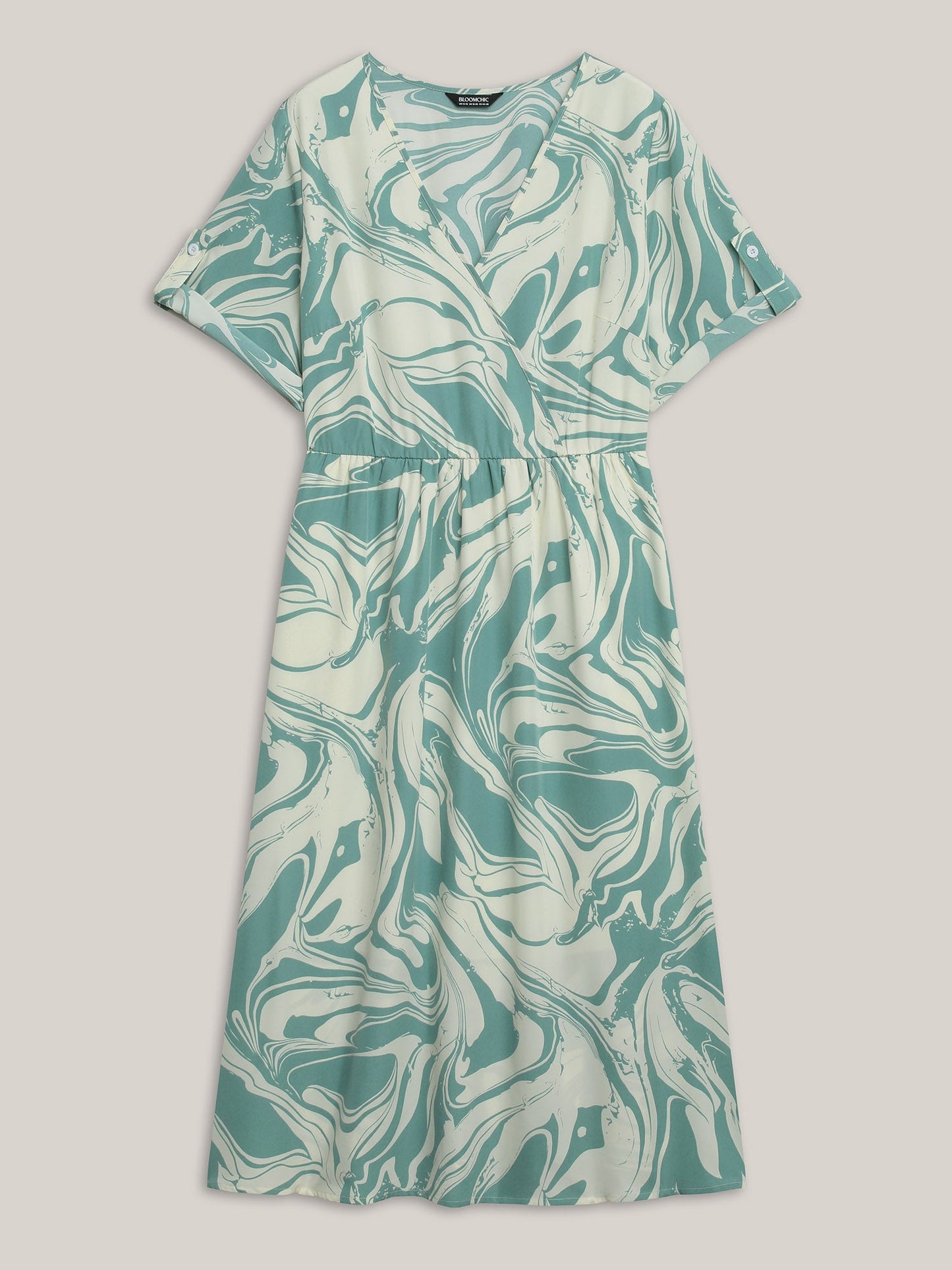Abstract Print Gathered Sleeve Midi Dress
