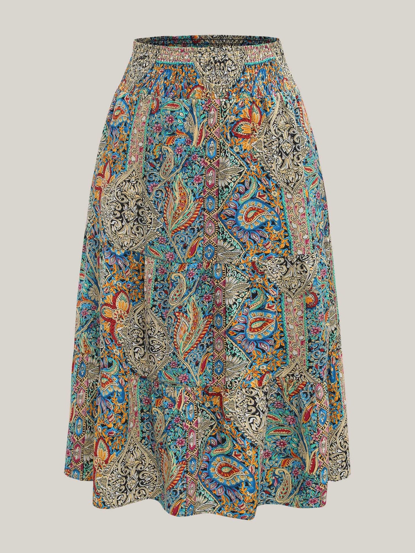 Paisley Print Shirred Waist Midi Skirt