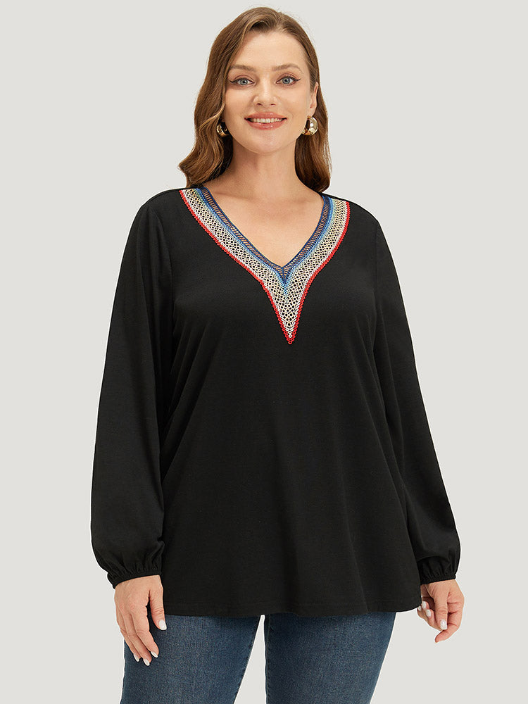 Contrast Webbing V Neck Elastic cuffs T-shirt
