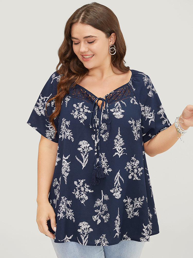 Floral Tassels Tie Neck Contrast Lace Blouse
