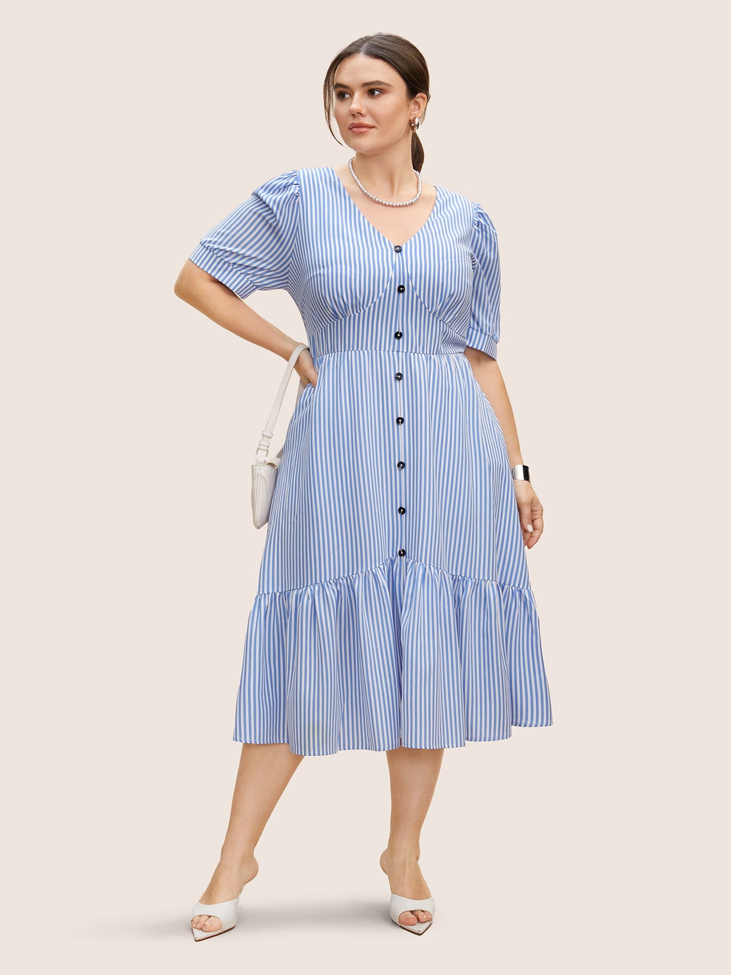 Striped Puff Sleeve Button Detail Midi Dress