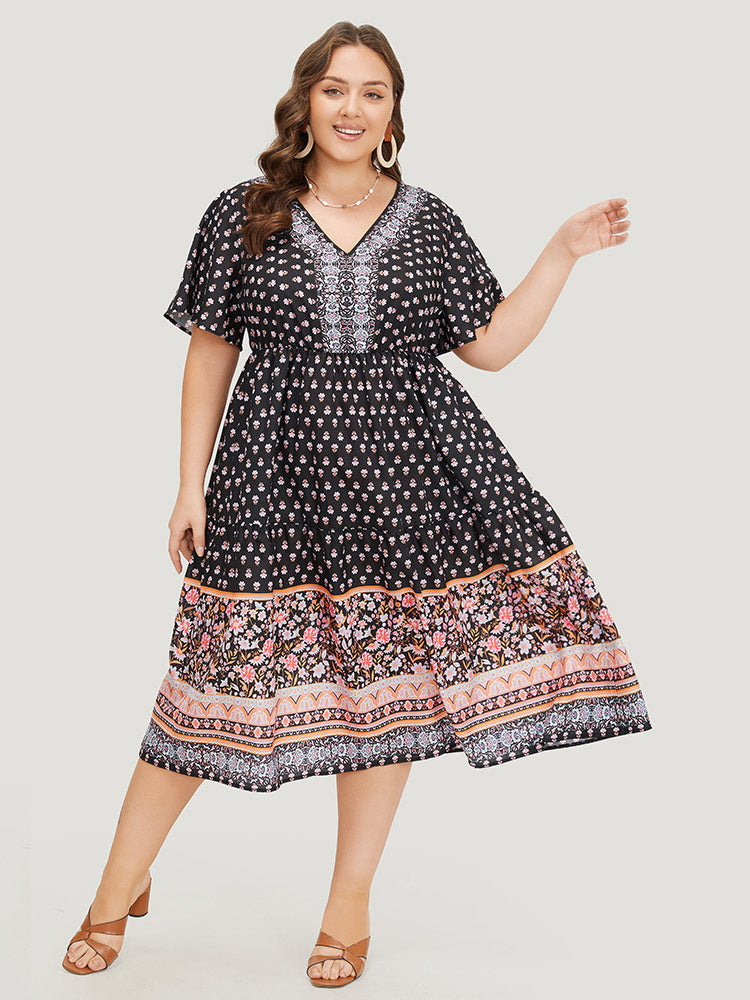 Boho Print Contrast Gathered Pocket Ruffles Dress