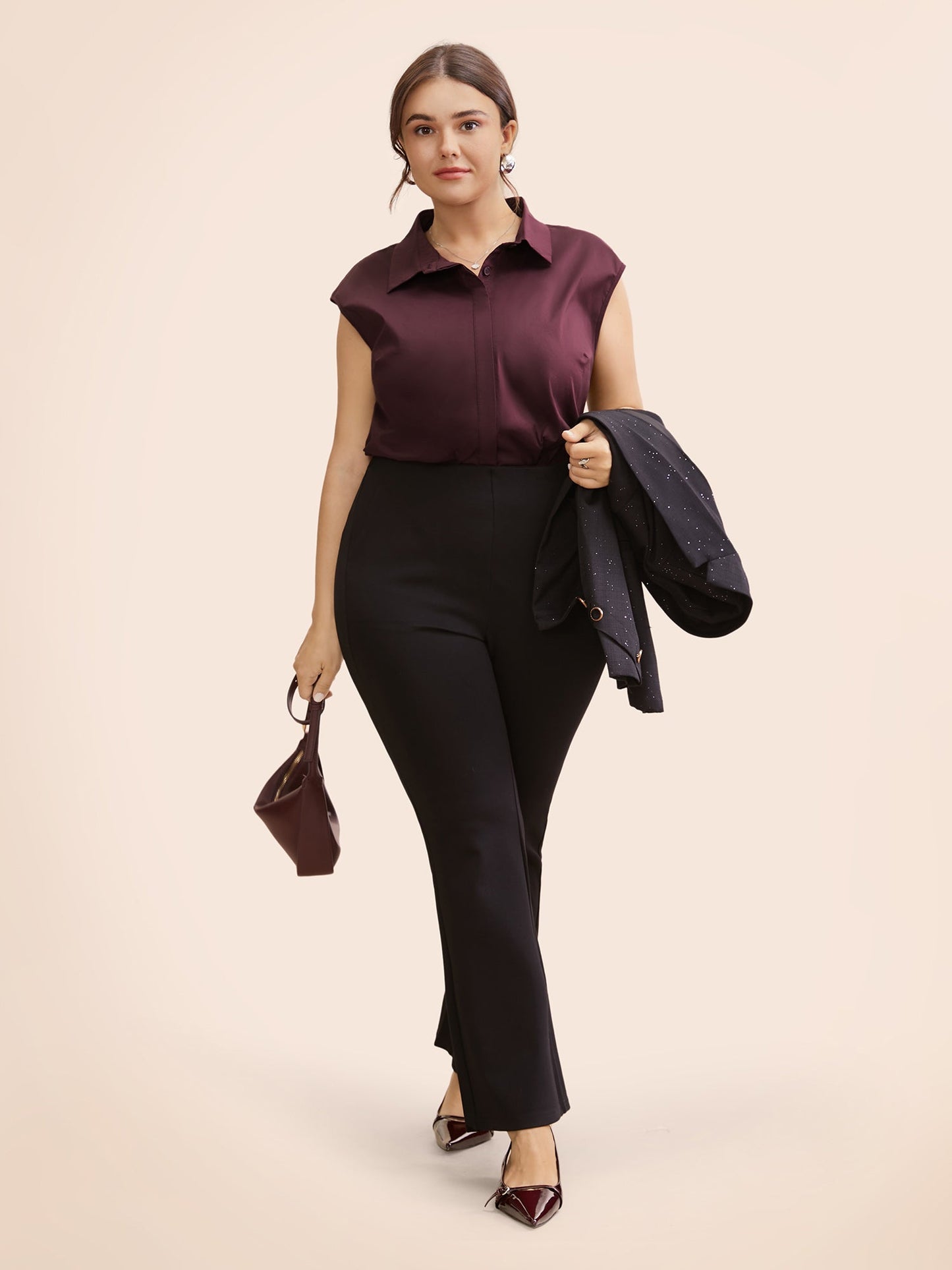 Stretch Woven Princess Seams Offsleeves Blouse