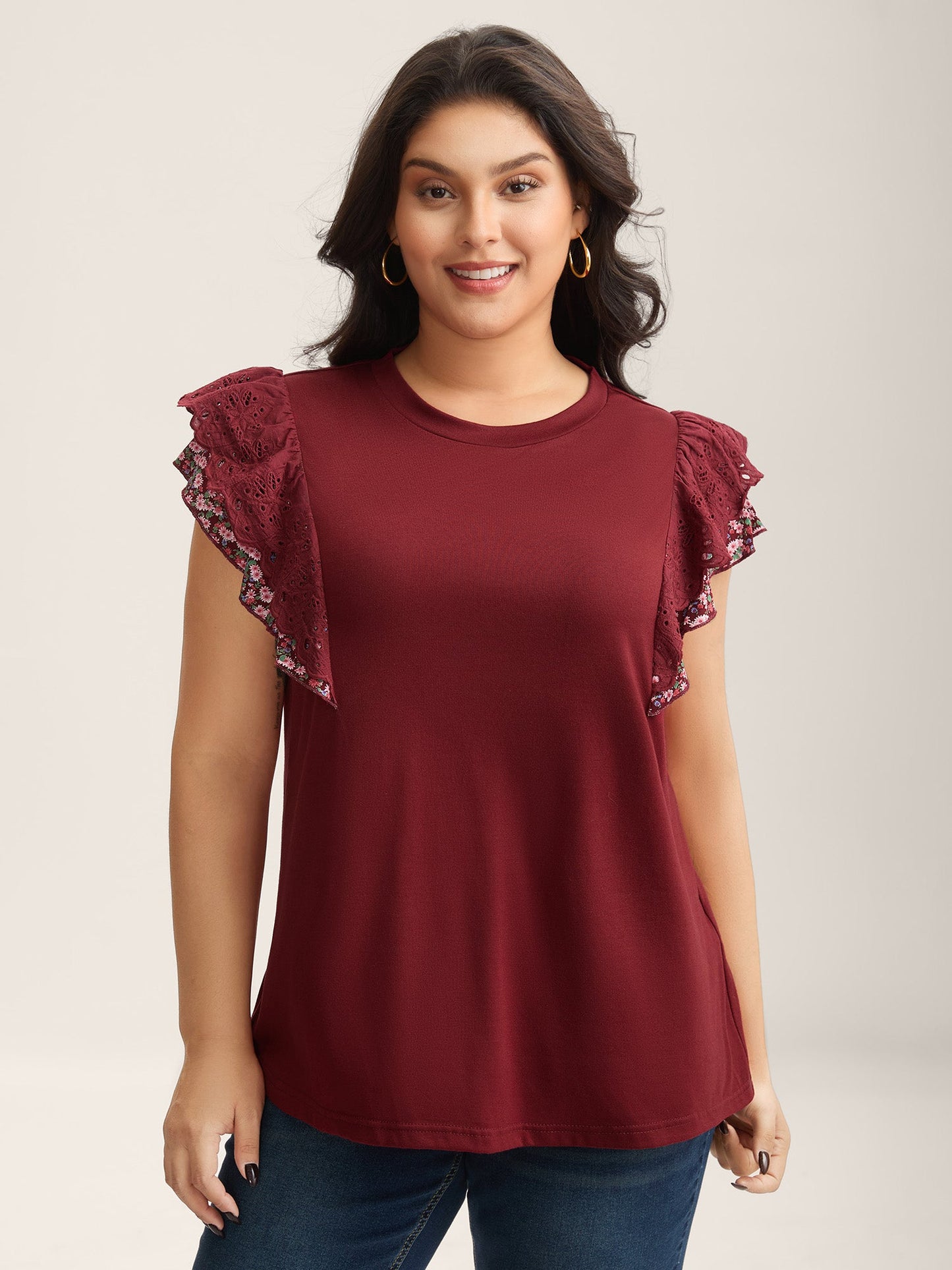 Eyelet Trim Flutter Sleeve Knit Top