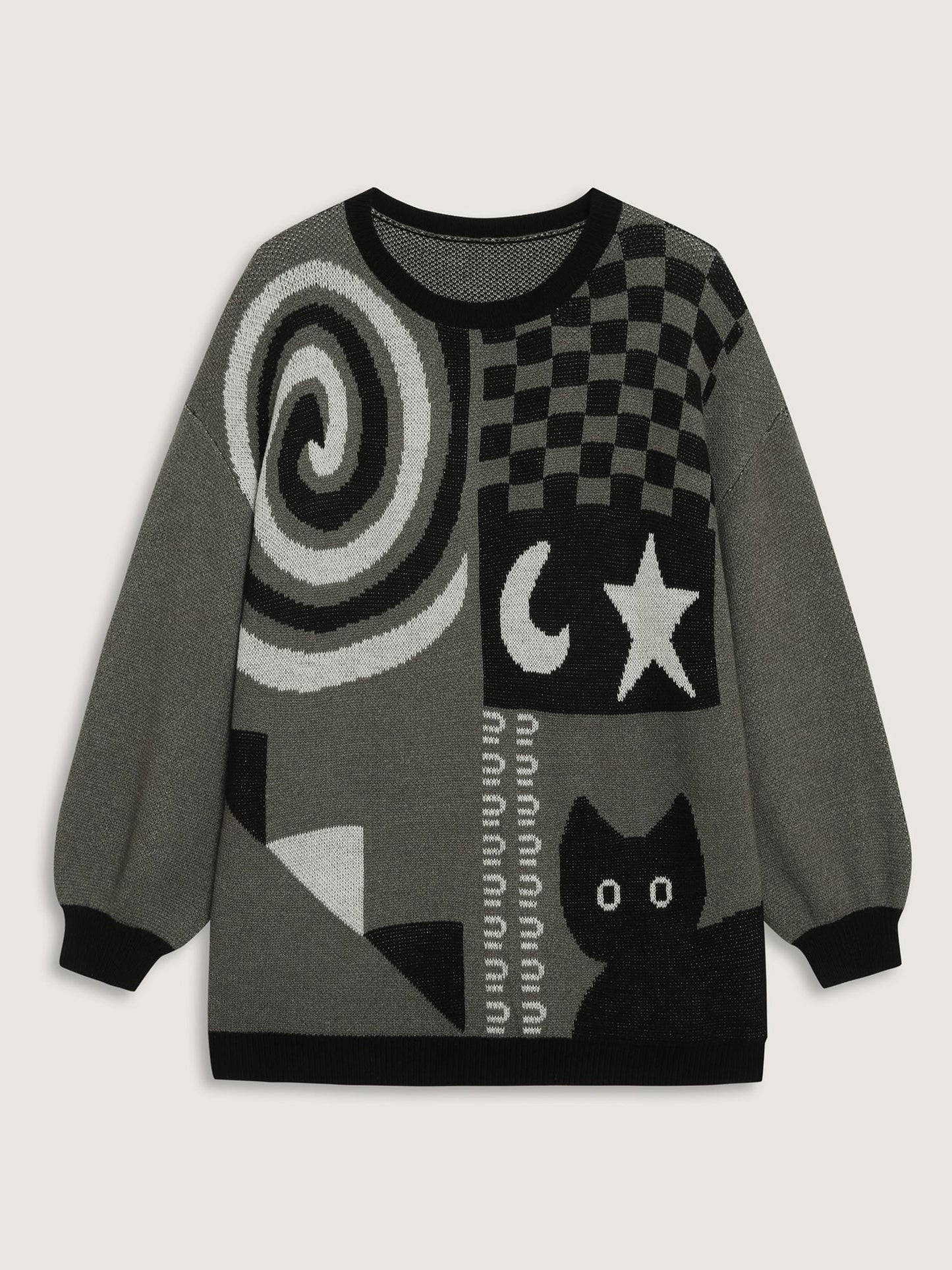 Halloween Cat Print Contrast Pullover