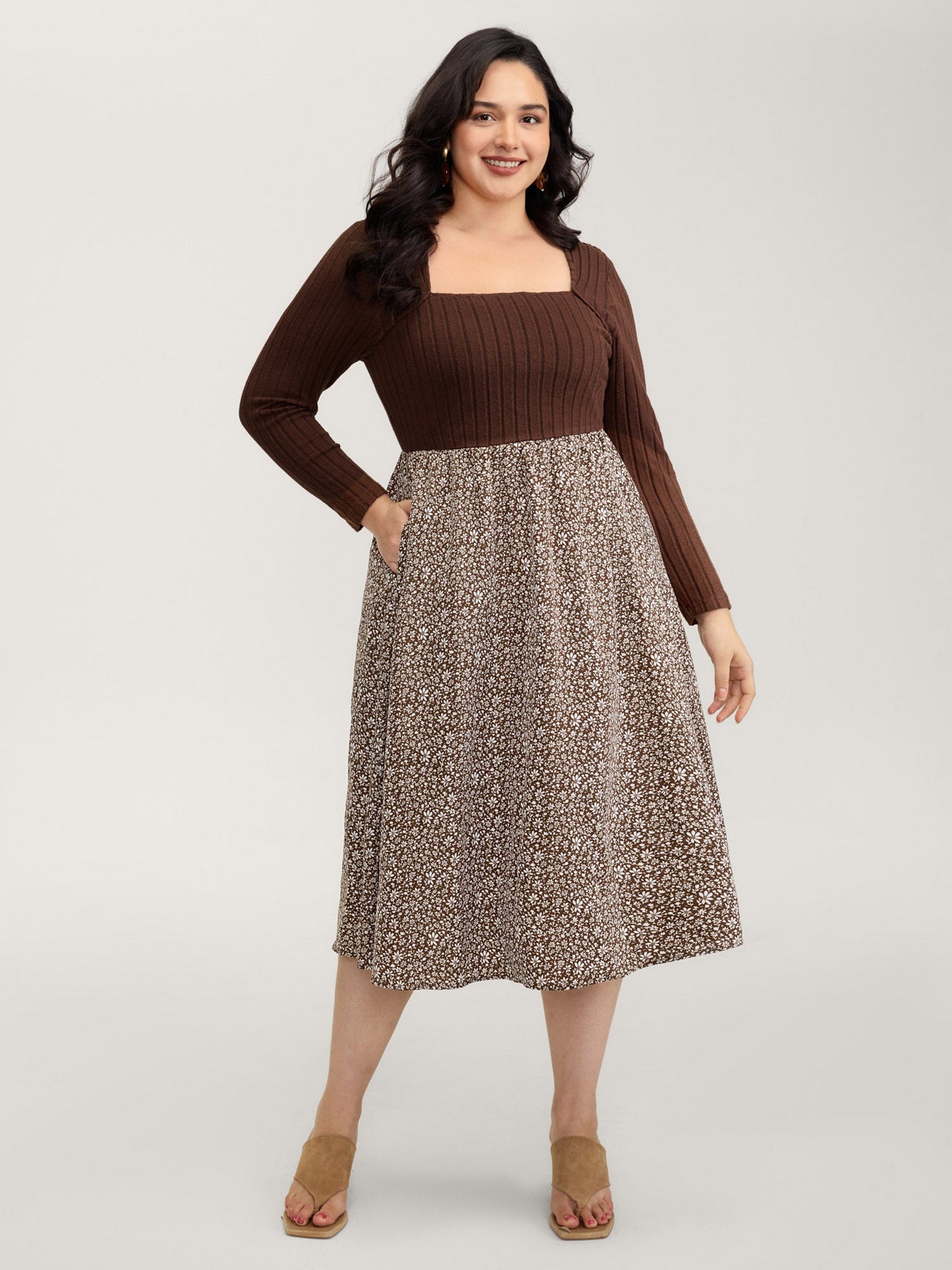 Stretchy Waist Retro Contrast Midi Dress