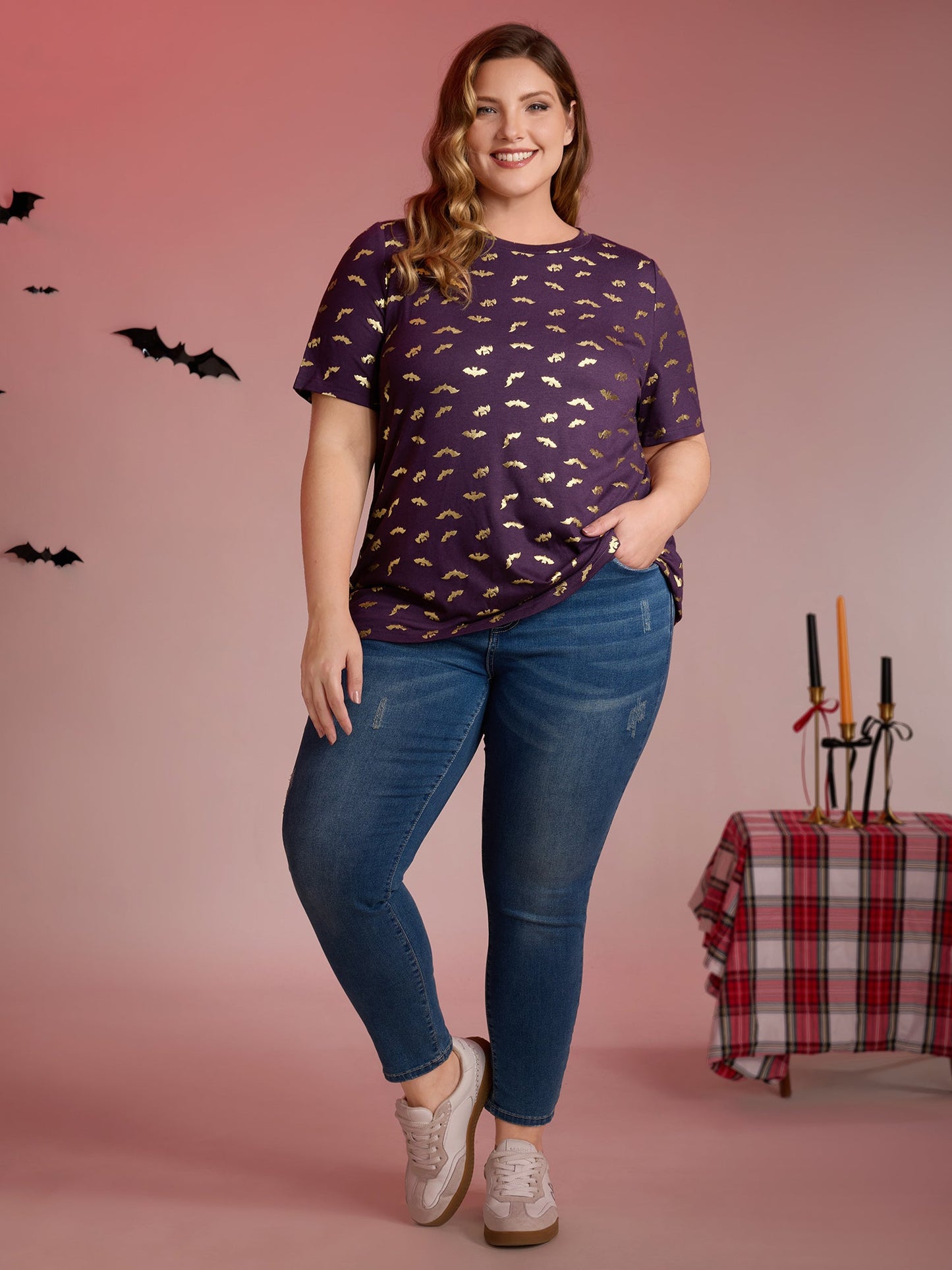 Shimmery Gold Bat Print Crewneck T-Shirt