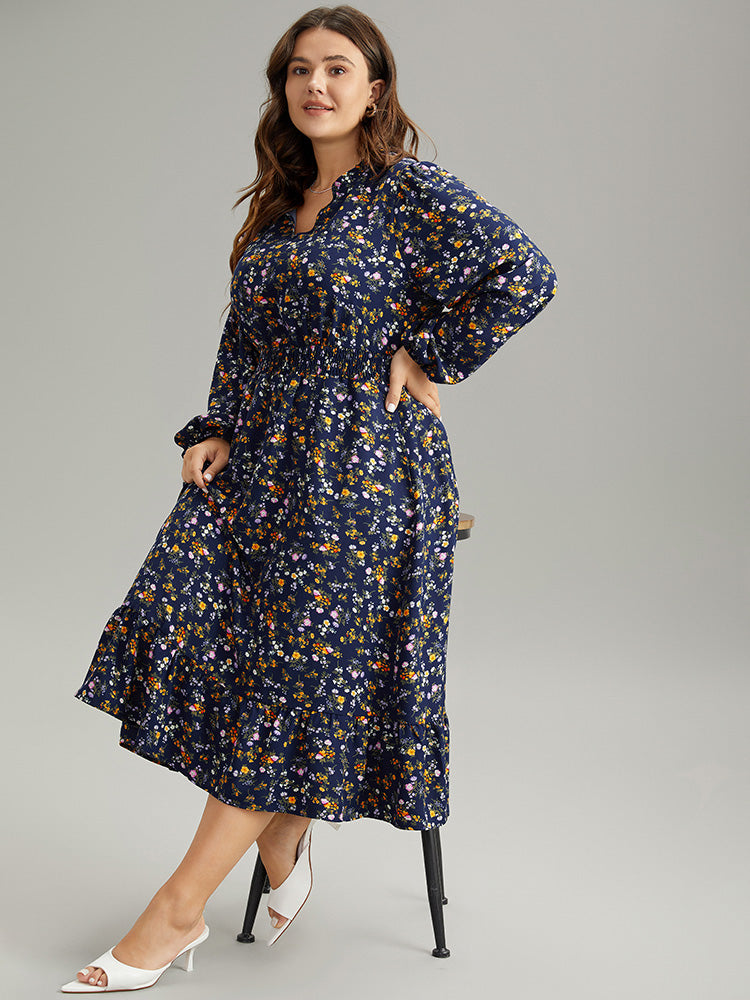 Ditsy Floral Notched Shirred Pocket Elastic Waist Dress