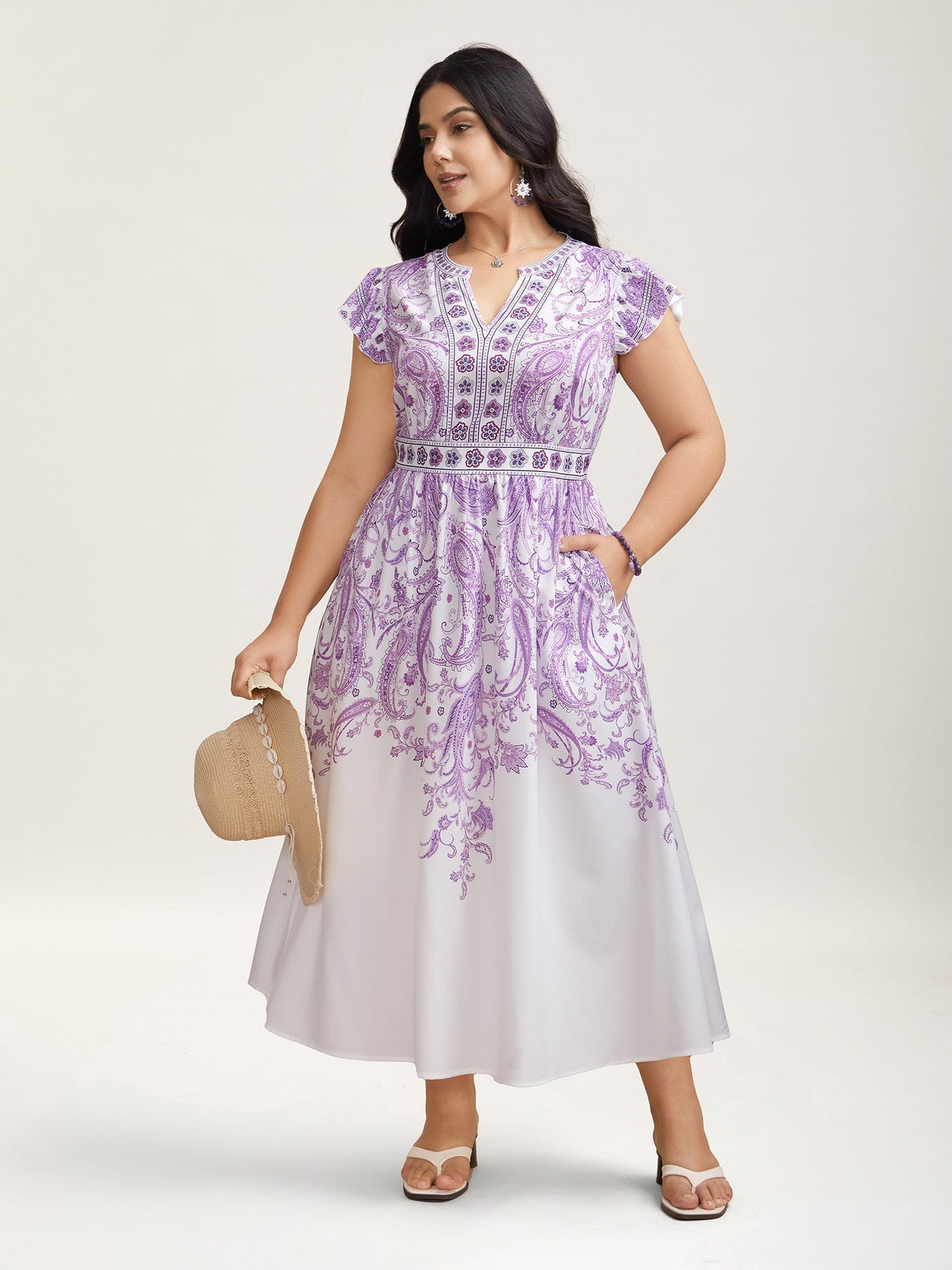 Paisley Print Notched Collar Ruffled Midi Dress