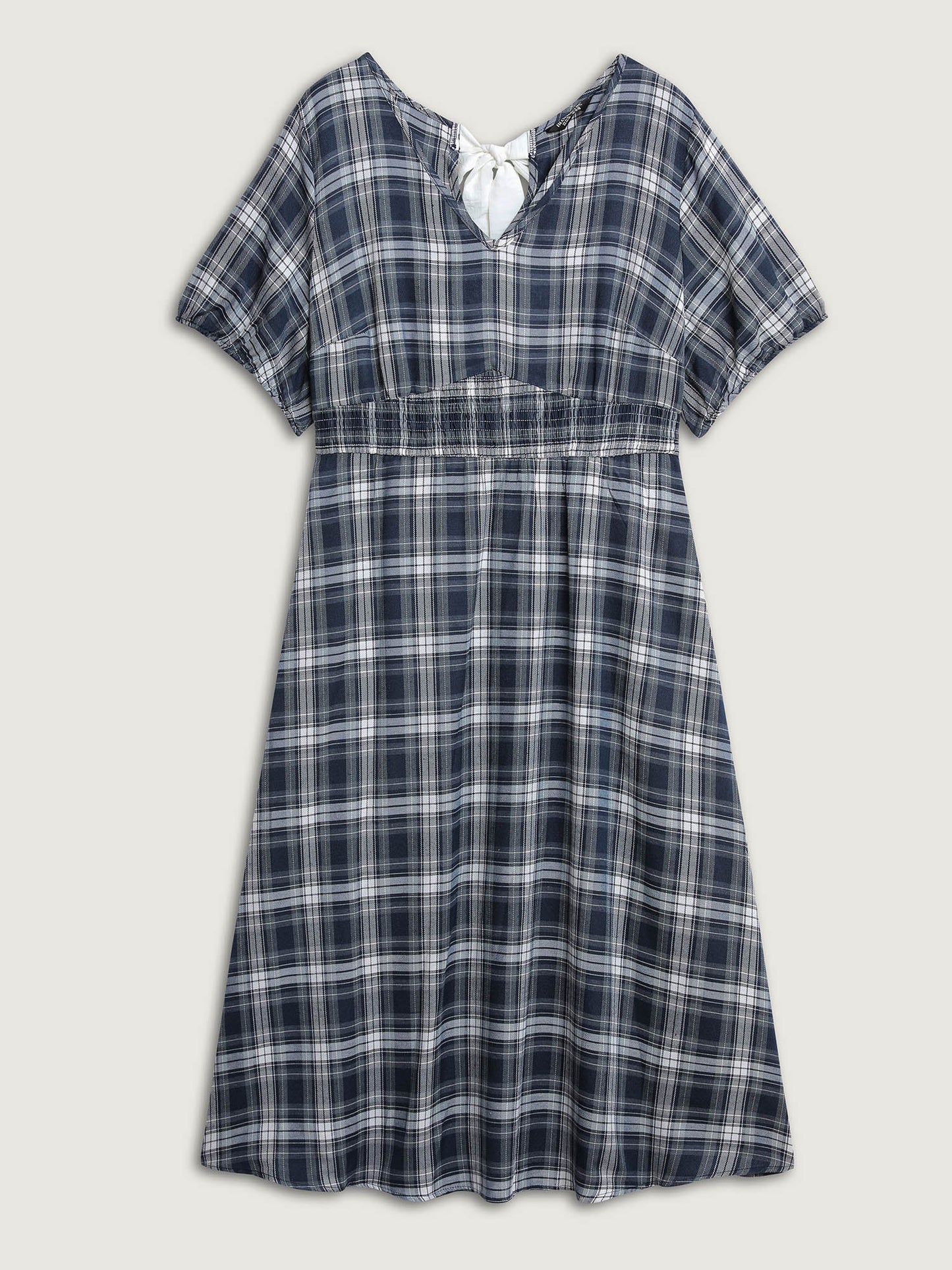Plaid Print Back Bowknots Contrast Midi Dress