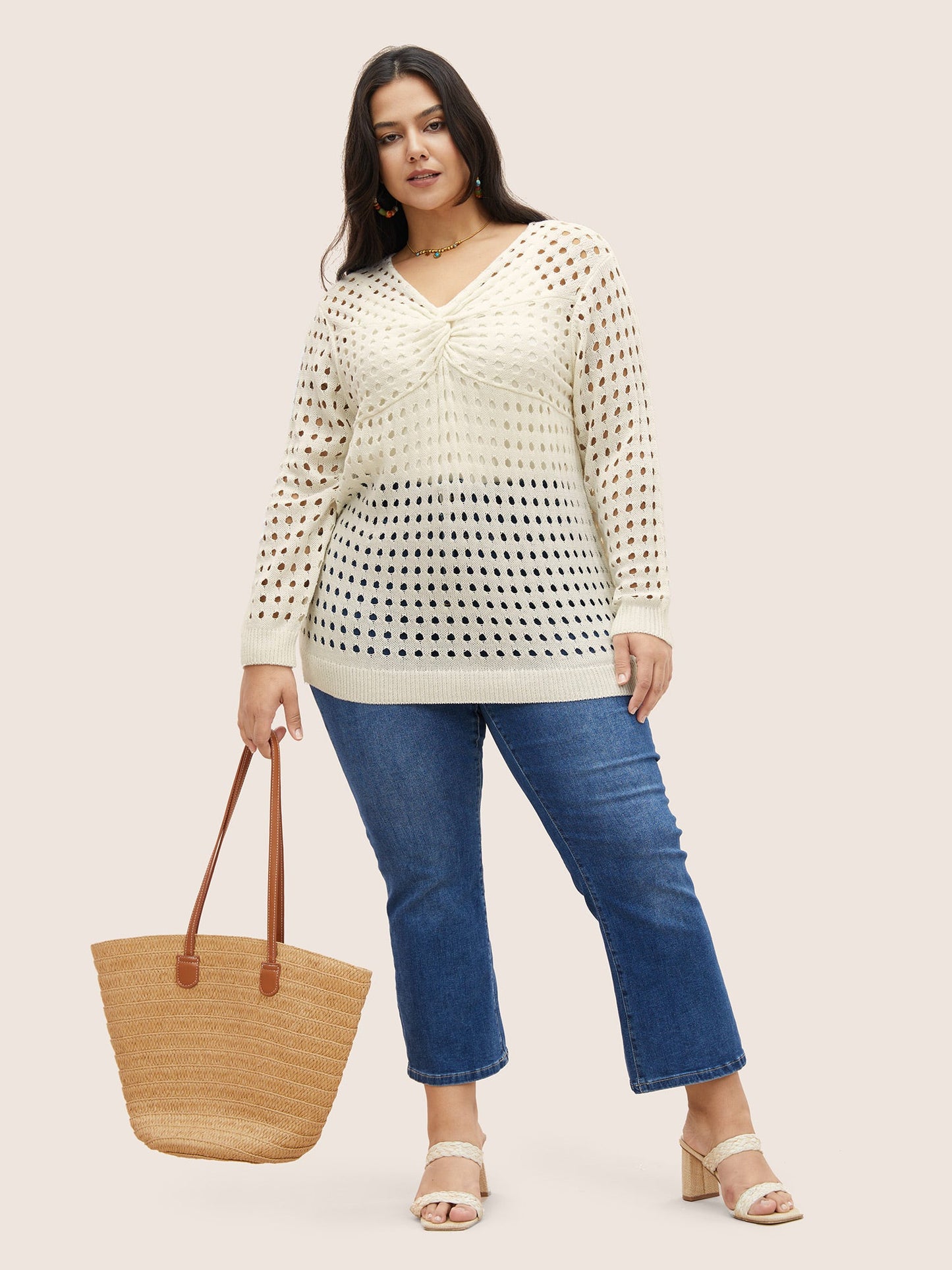 Twist Front Pointelle Knit Split Hem Pullover