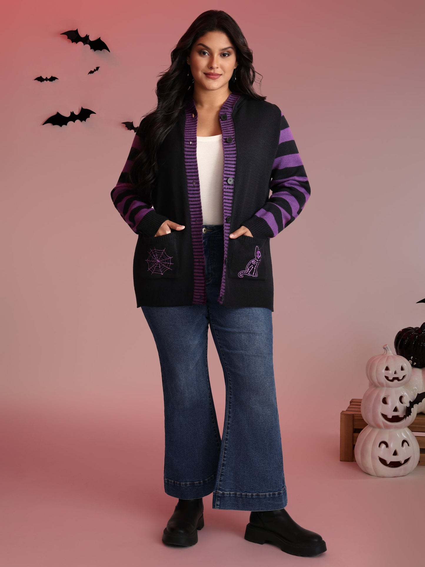 Stripes Sleeve Contrast Hooded Cardigan