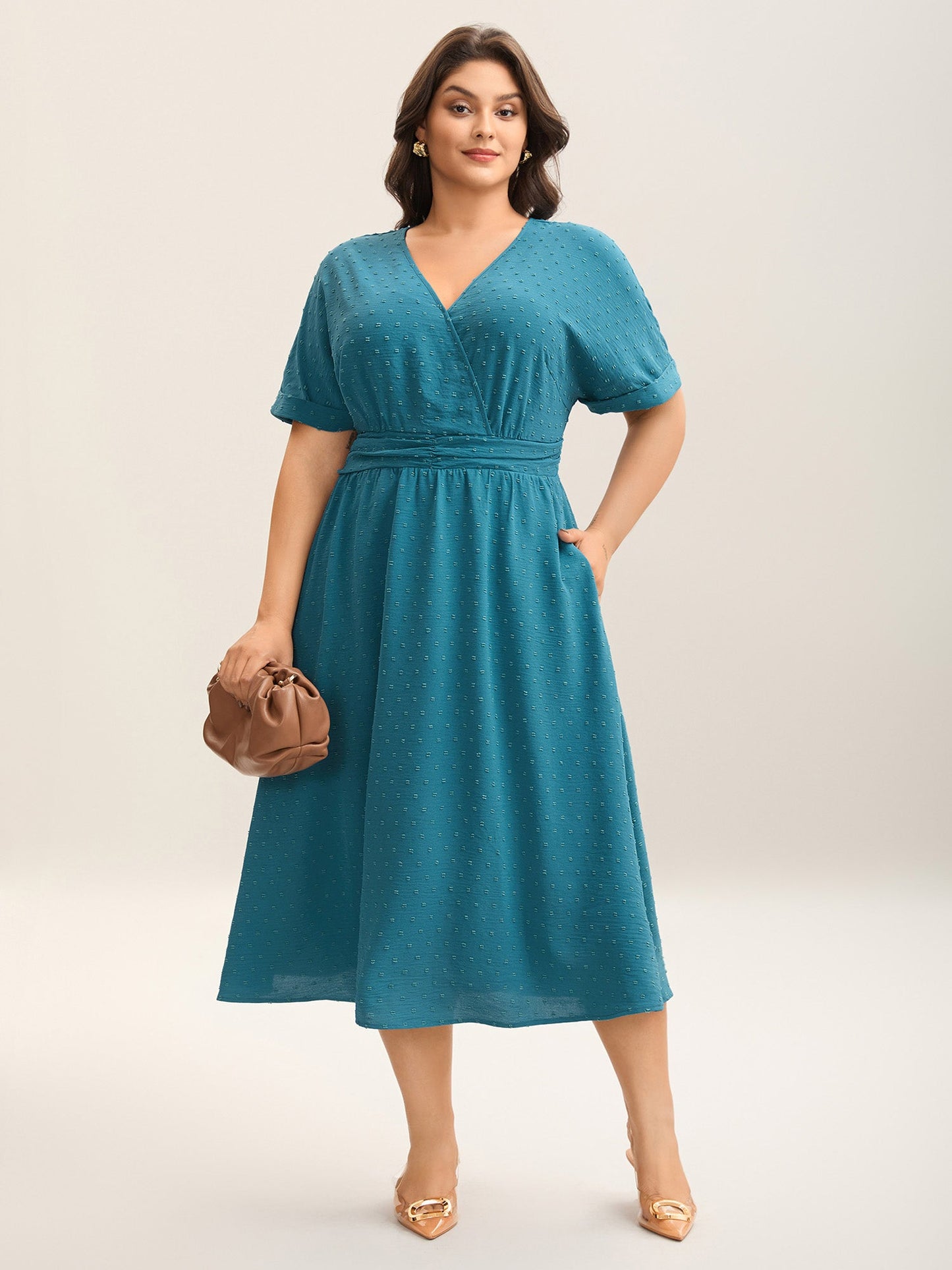 Textured Stretchy Pleated Waist Midi Dress
