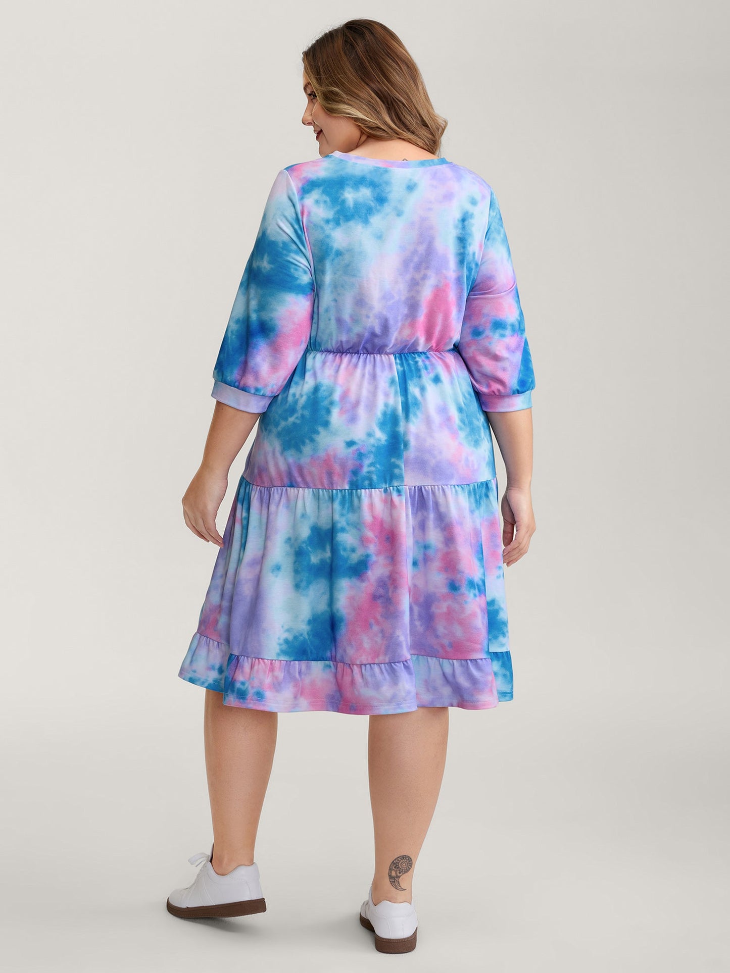 Tie-Dye Print Drawstring Waist Midi Dress